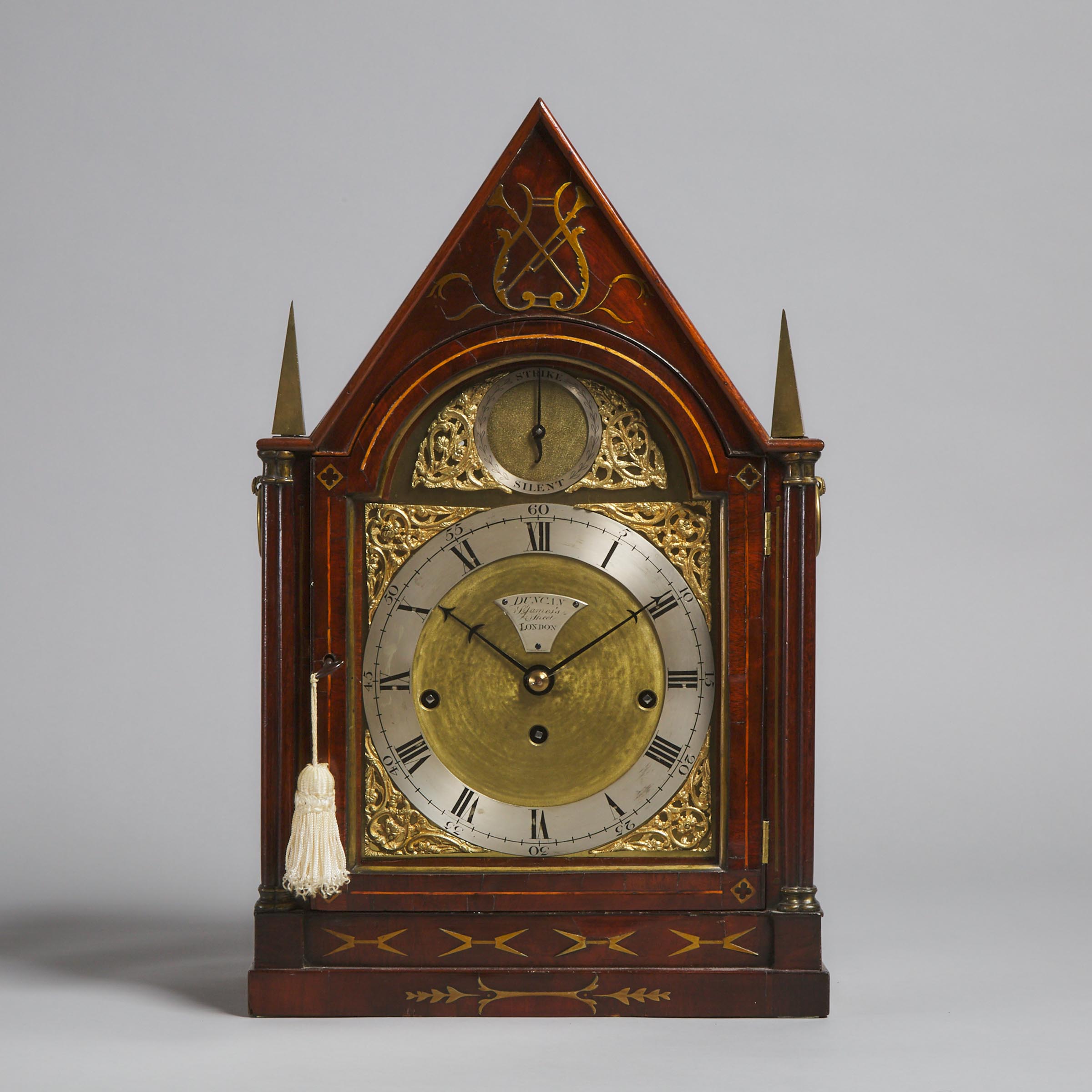 English Regency Brass Inlaid Mahogany Musical Bracket Clock, James Duncan, St. James's Street, London, c.1820