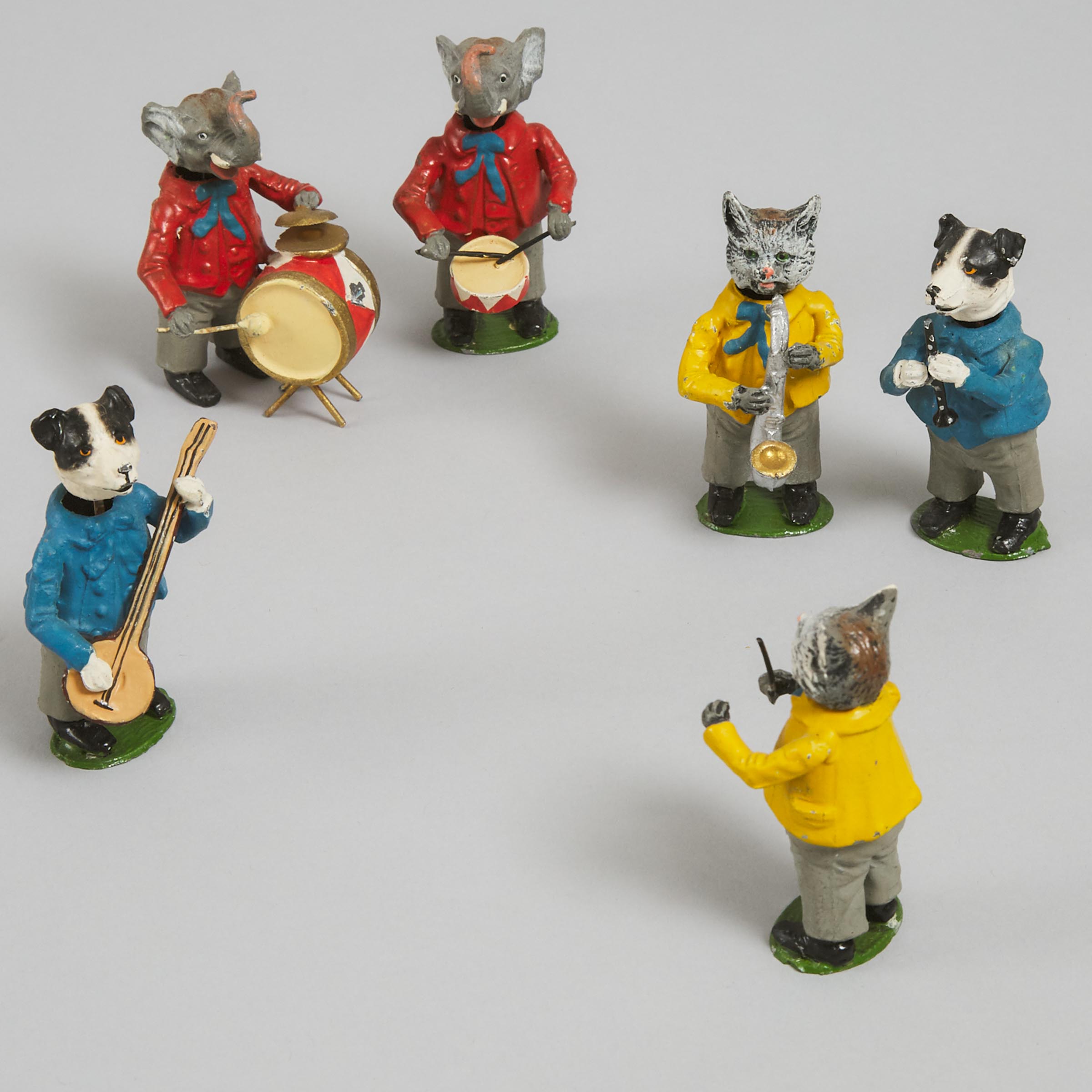 German Six Piece Painted Lead Nodding Head Animal Band, early-mid 20th century