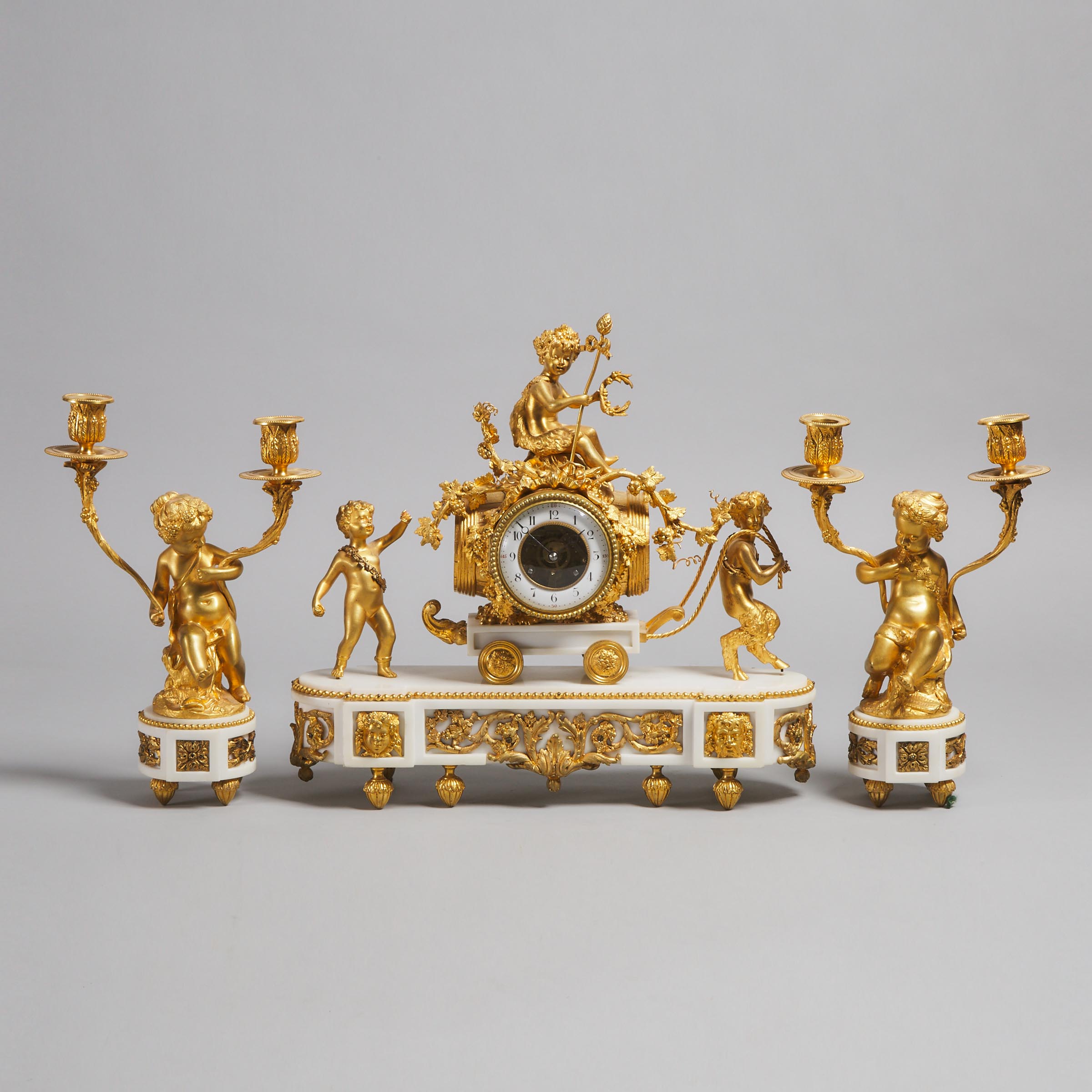 Louis XVI Style Ormolu Mounted White Marble French Clock Garniture, c.1870