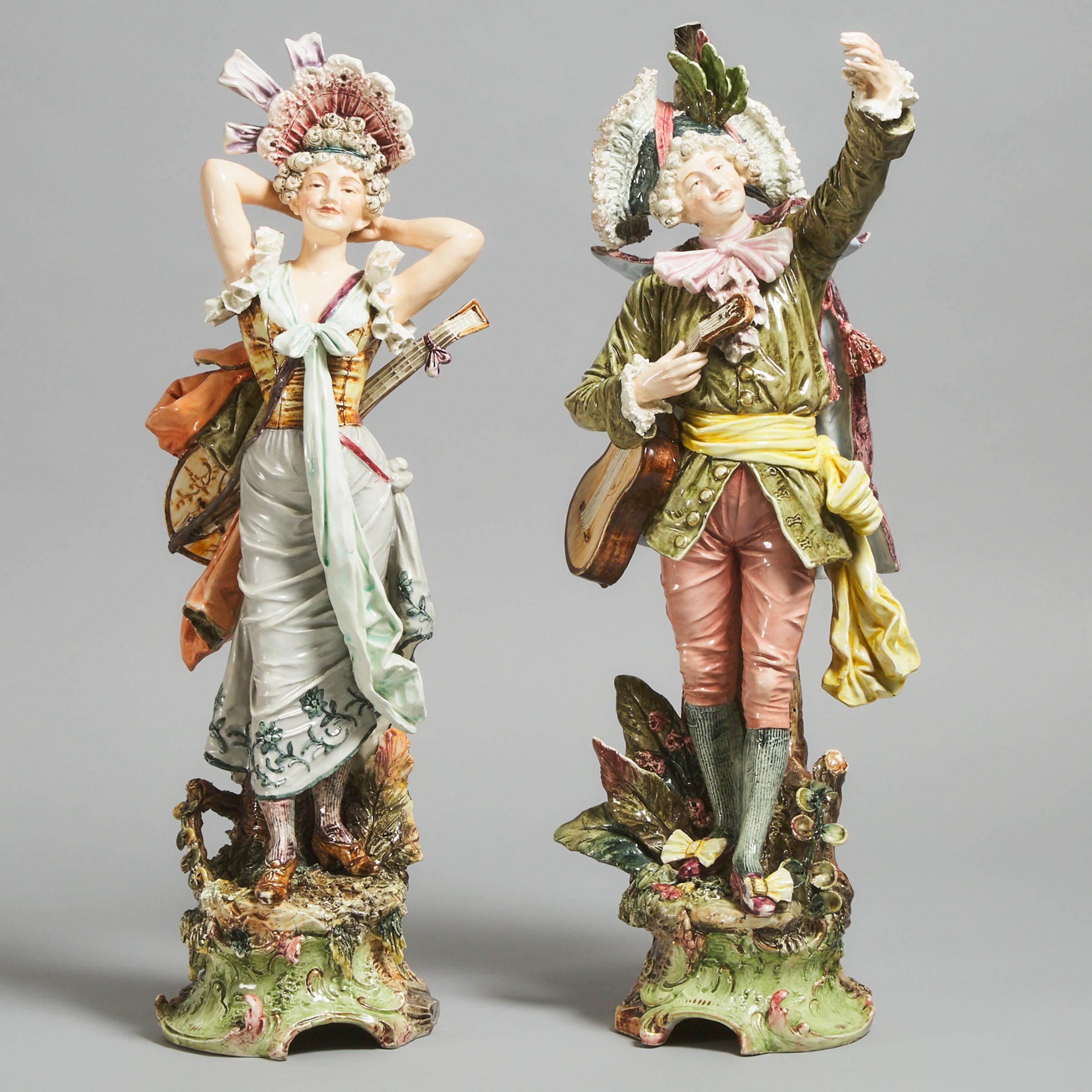 Pair of Continental Pottery Figures of Minstrels, probably Austrian, c.1900