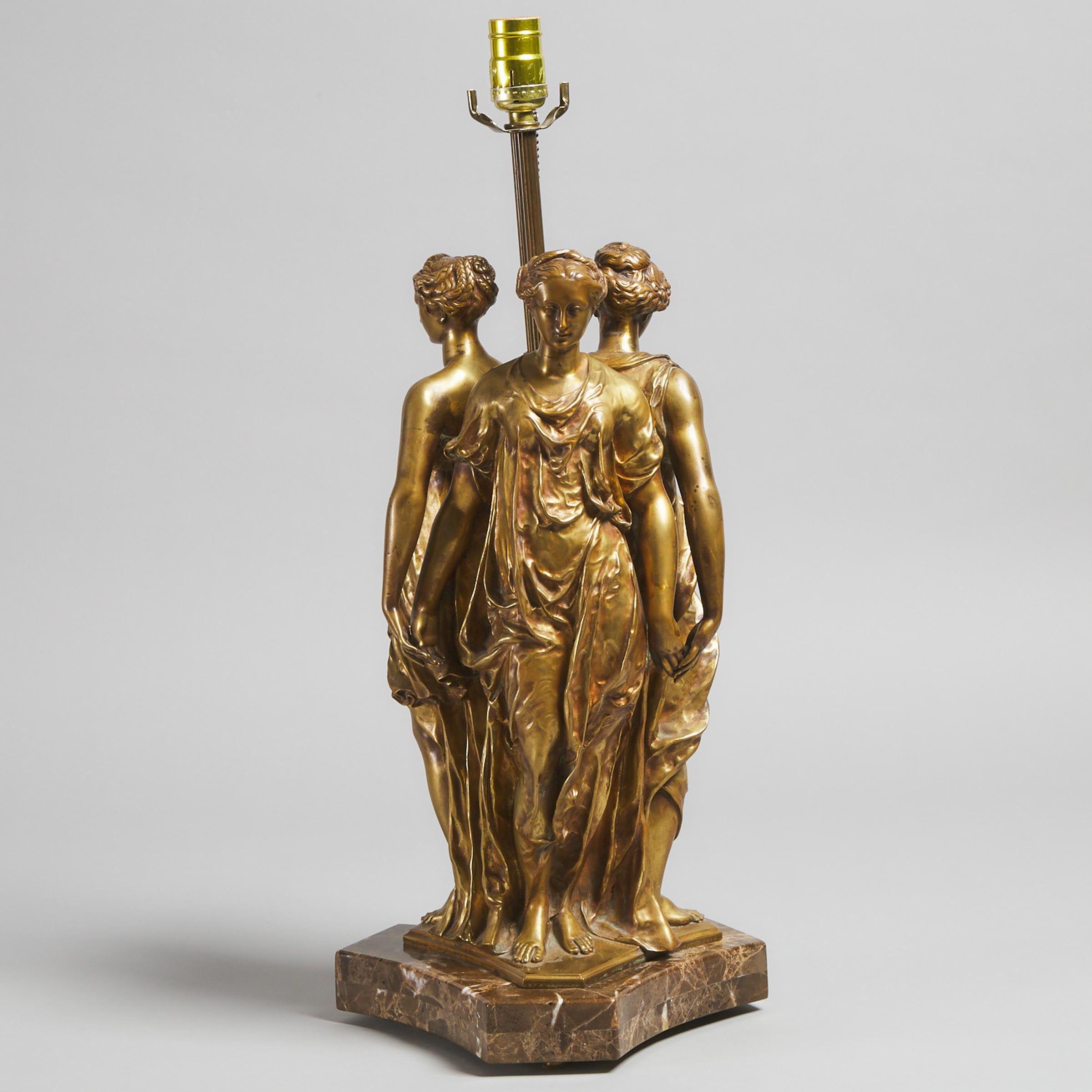 French Gilt Bronze 'Three Graces' Figural Table Lamp after Germain Pilon (c.1525-1590), c.1900