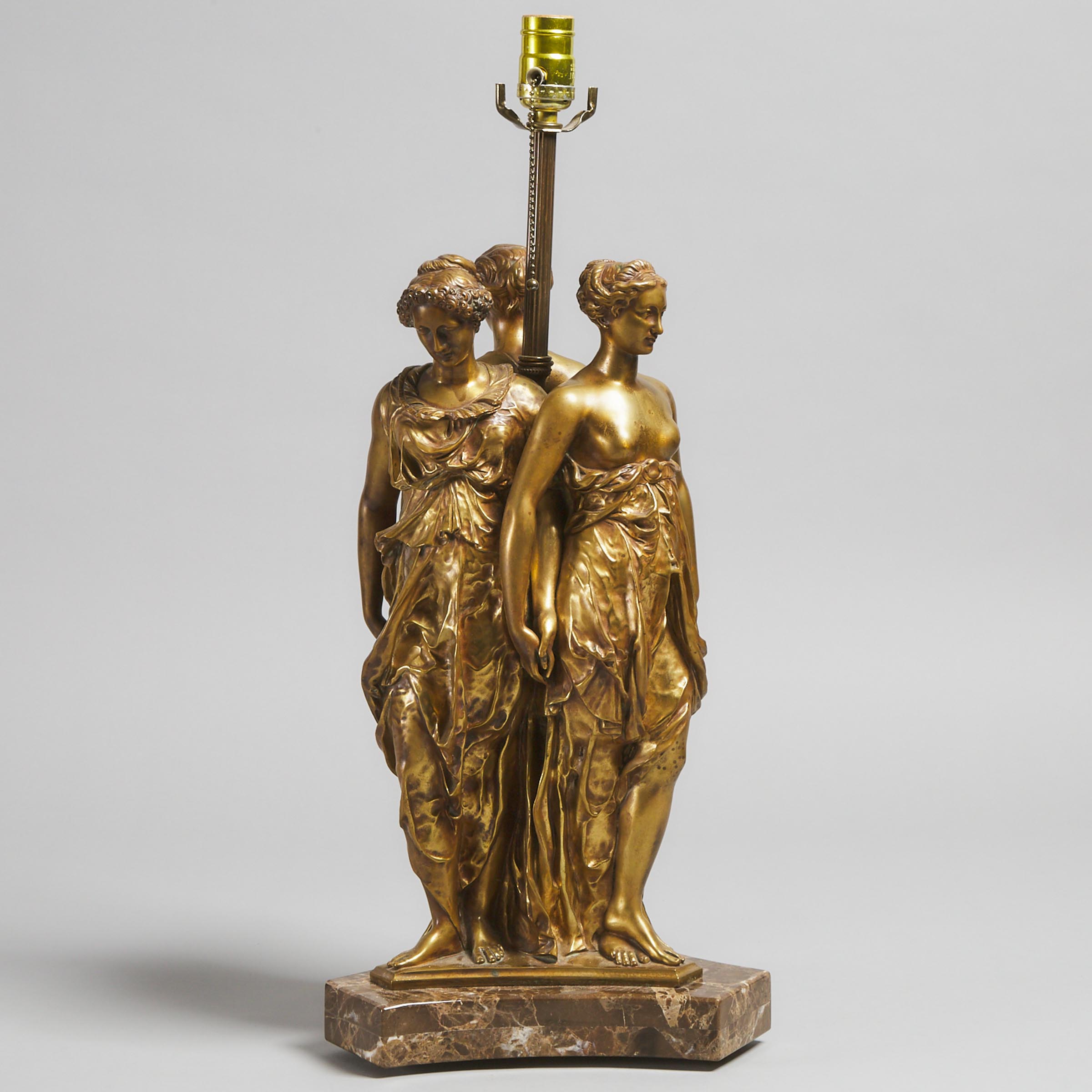 French Gilt Bronze 'Three Graces' Figural Table Lamp after Germain Pilon (c.1525-1590), c.1900