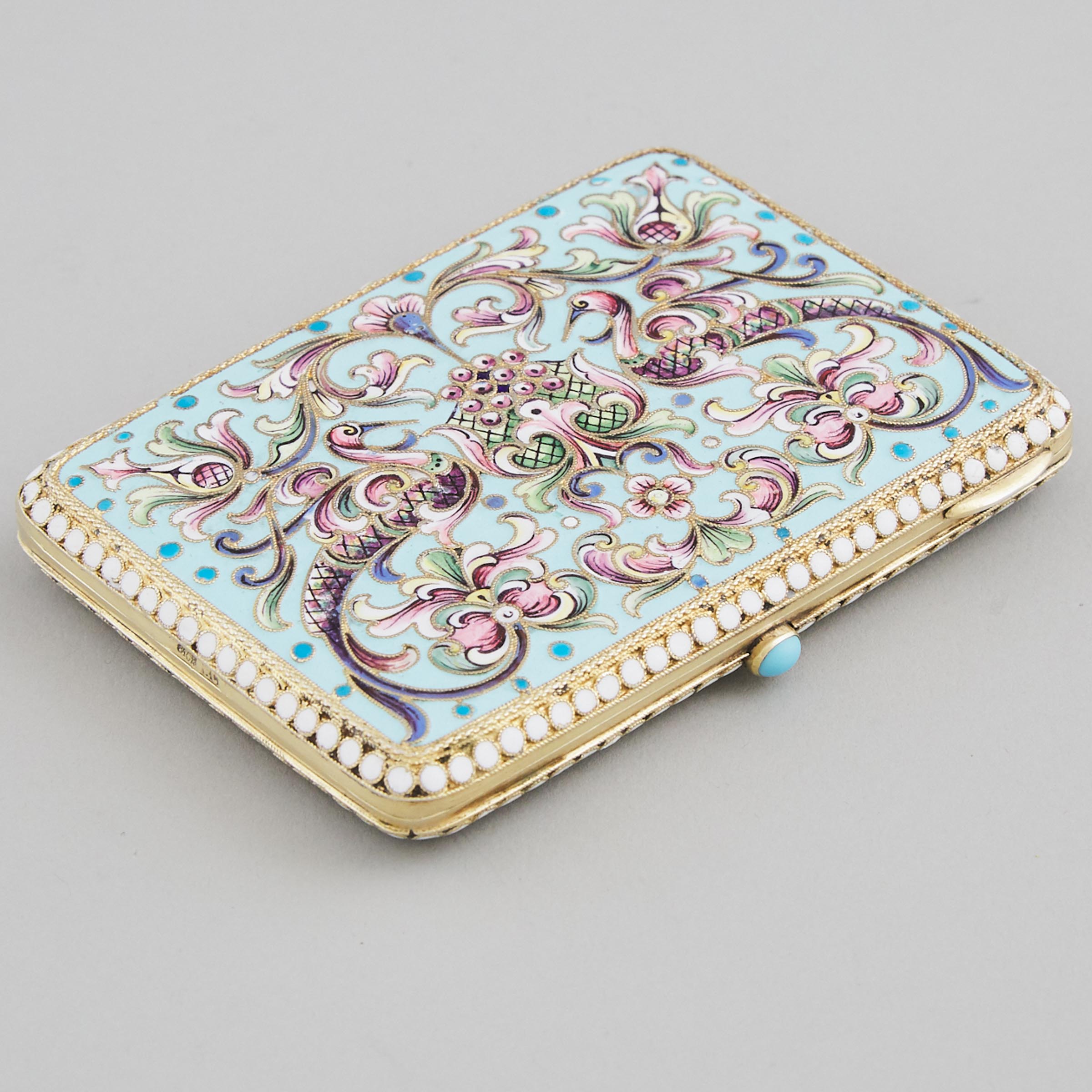 Russian Silver-Gilt and Cloisonné Shaded Enamel Rectangular Cigarette Case, Moscow, c.1899-1908