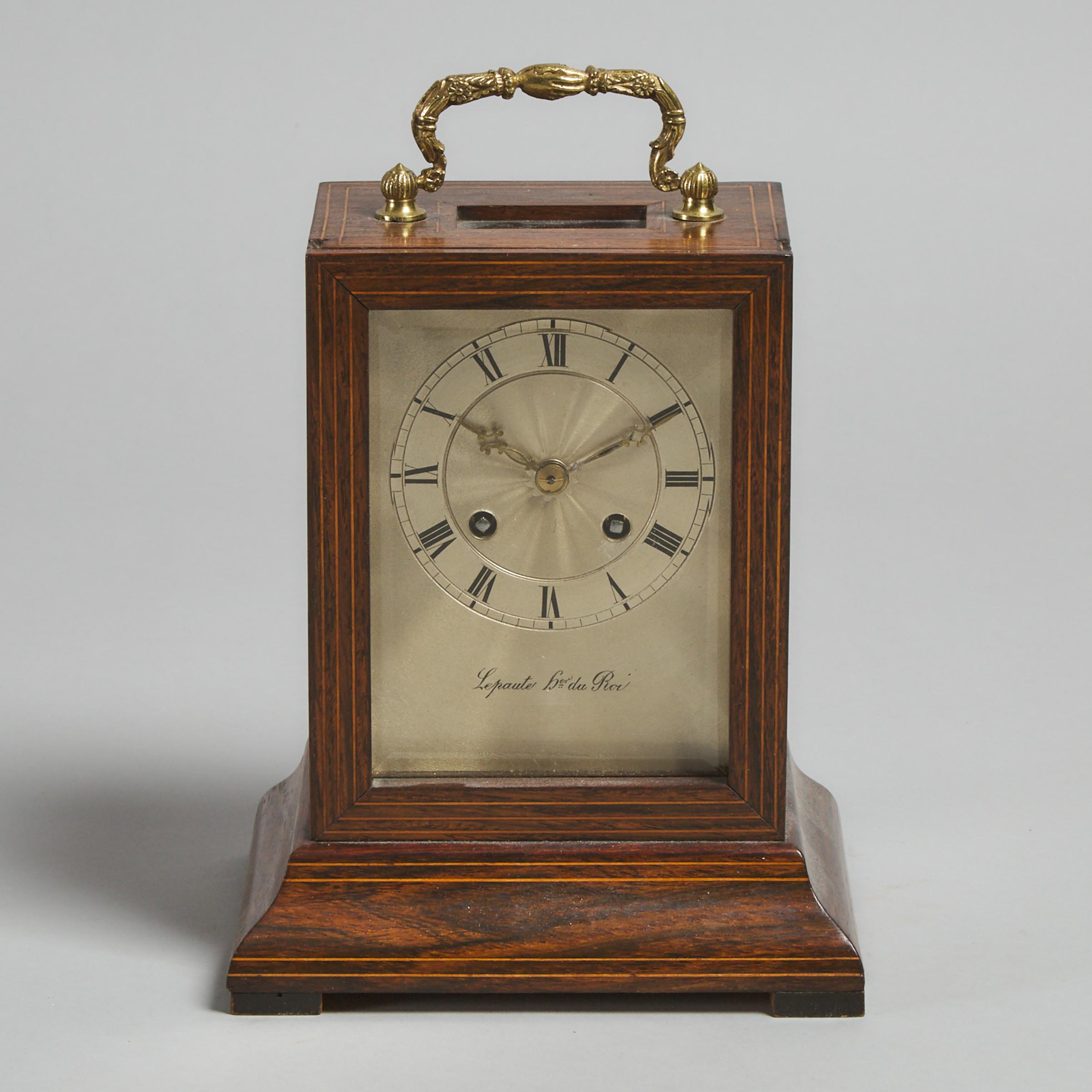 French Satinwood Strung Rosewood Carriage Clock, 19th century