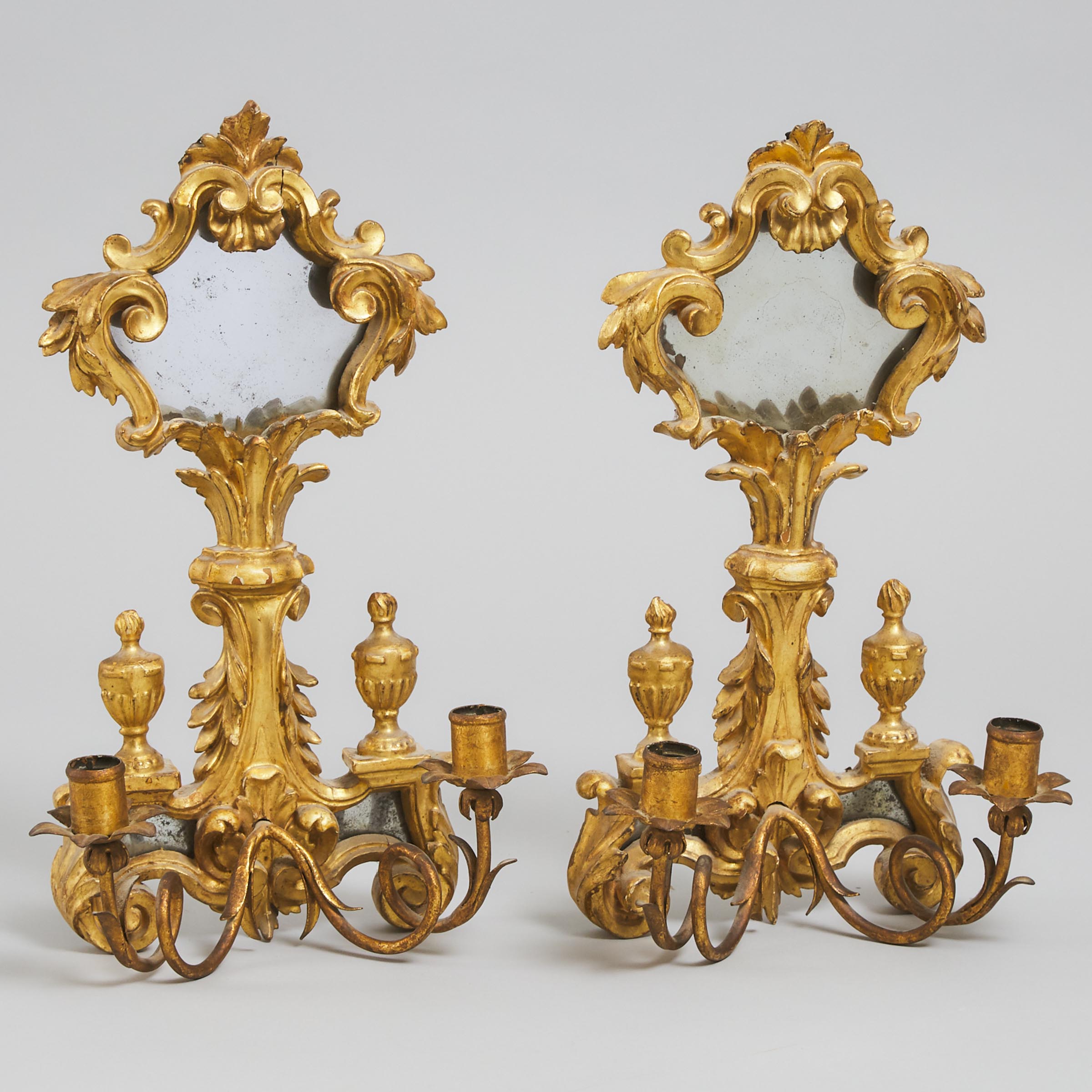 Pair of Florentine Giltwood Mirror-Back Two Light Wall Sconces, mid 20th century