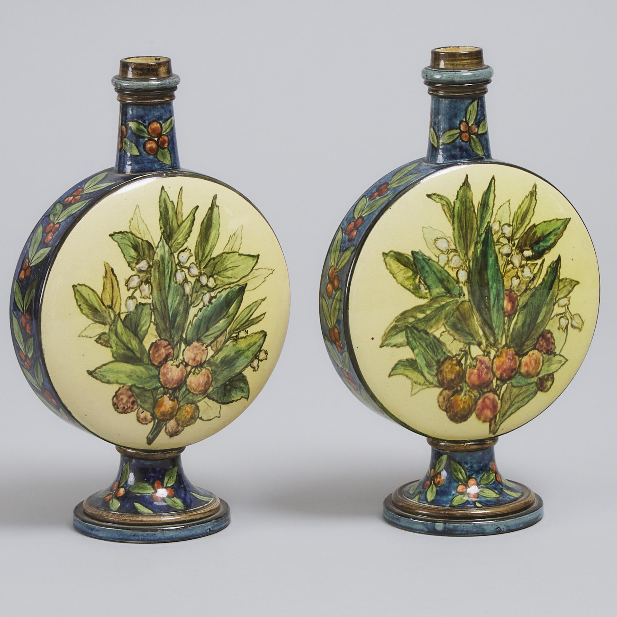 Pair of Doulton Lambeth Faience Pilgrim Vases, Margaret Aitken, 1877