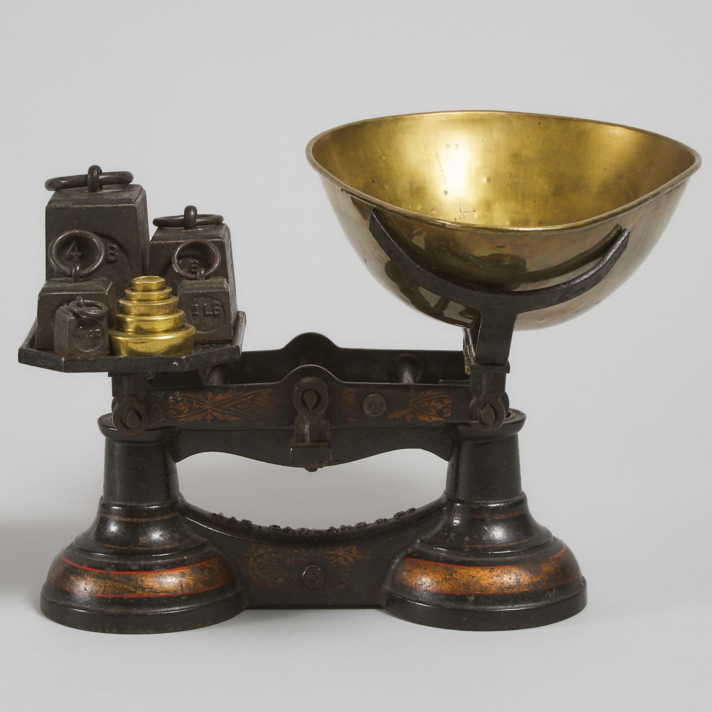Victorian Paint Decorated Cast Iron and Brass Dry Goods Balance Scale, Jas. Garland & Co., Birmingham, 19th century