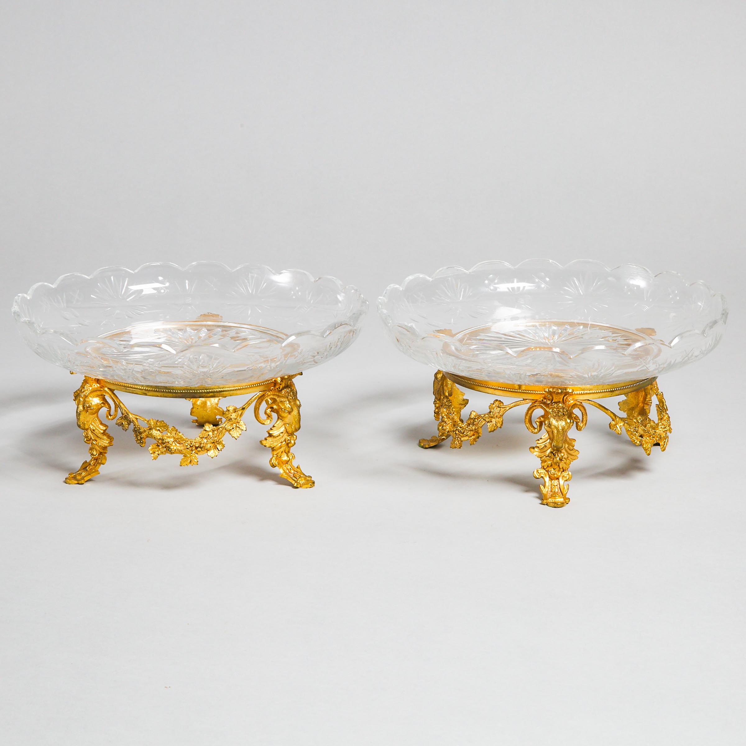 Pair of Austrian Cut Glass Centerpiece Bowls on Ormolu Stands, early-mid 20th century