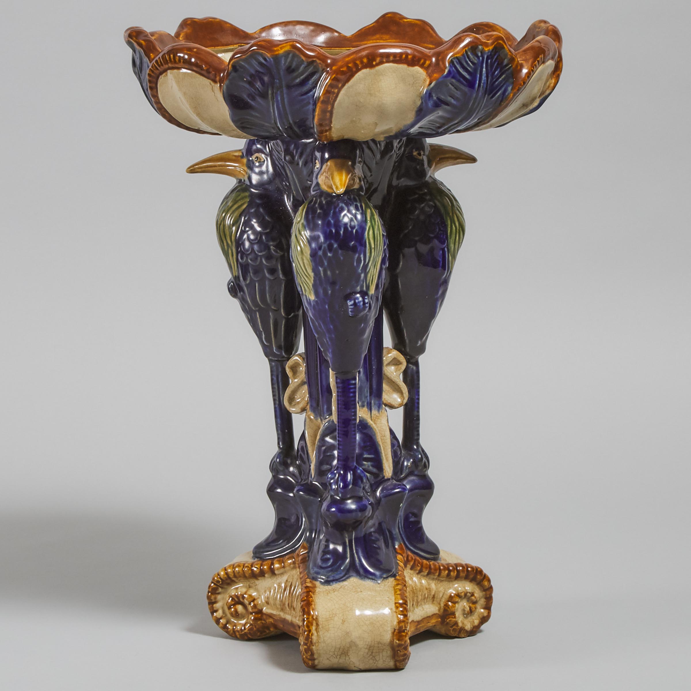 Moulded and Glazed Earthenware Three-Bird Centrepiece, probably Asian, late 20th century