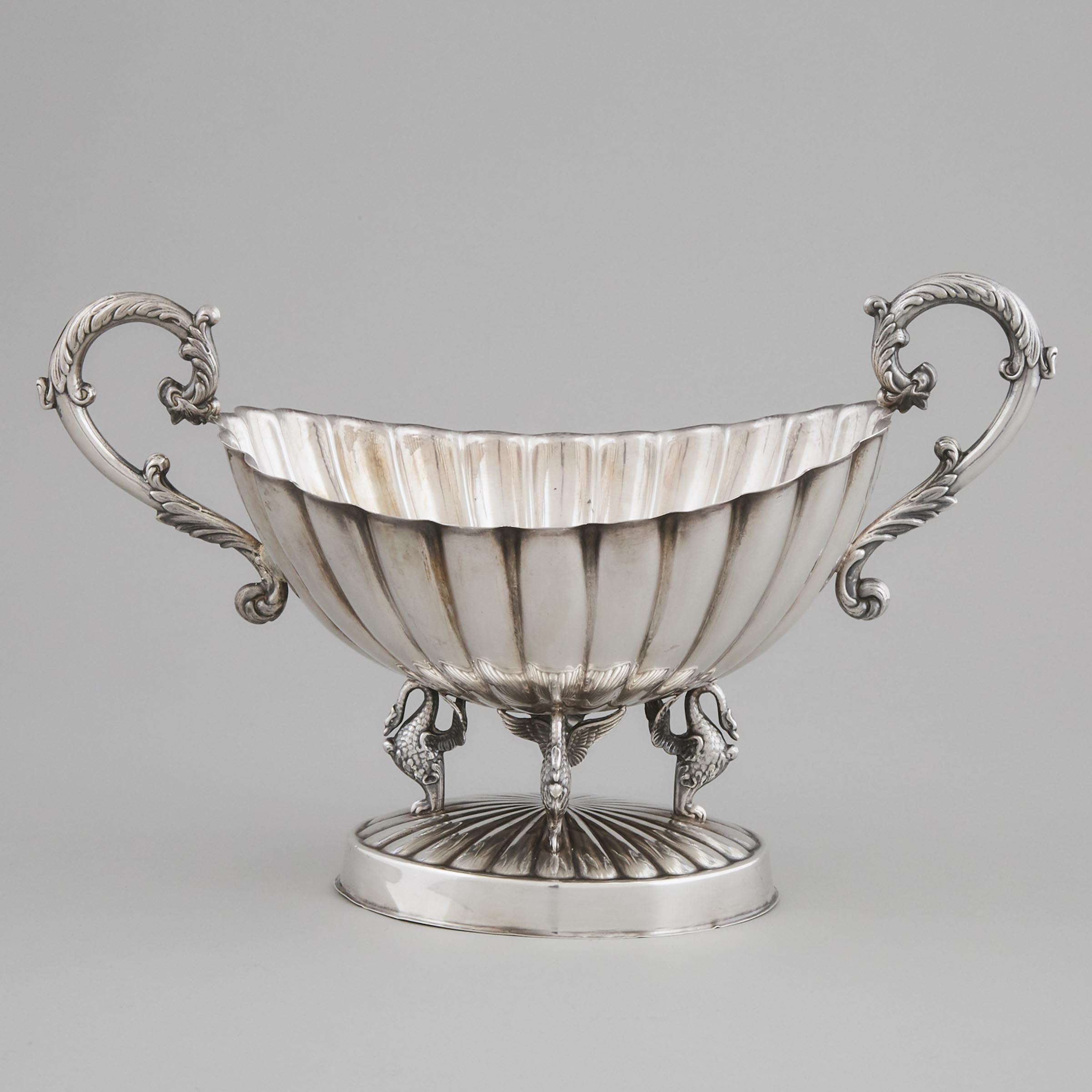 Continental Silver Two-Handled Oval Footed Bowl, 20th century