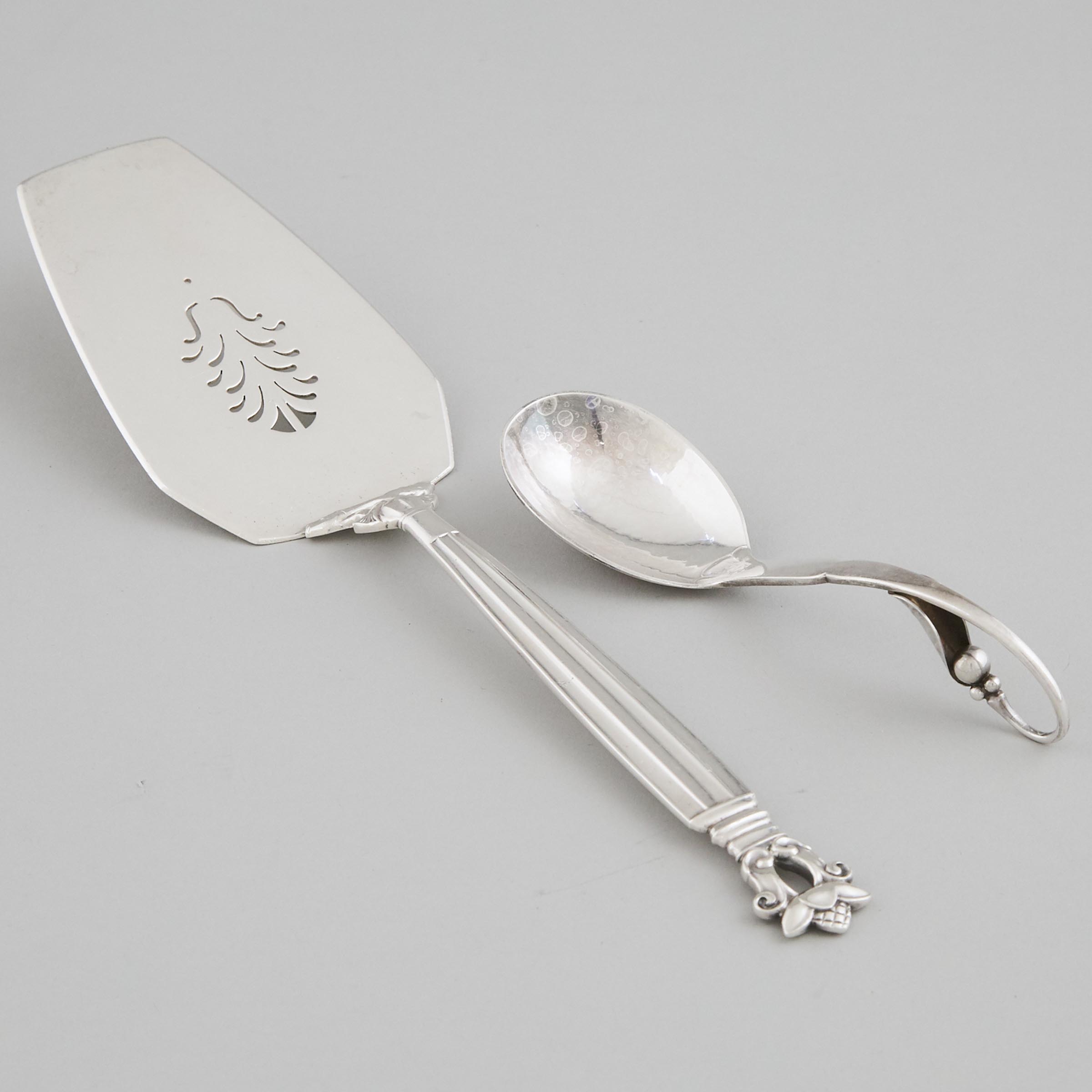 Danish Silver ‘Acorn’ Pattern Fish Server, Johan Rohde, and a Spoon, #21, Georg Jensen, Copenhagen, 20th century