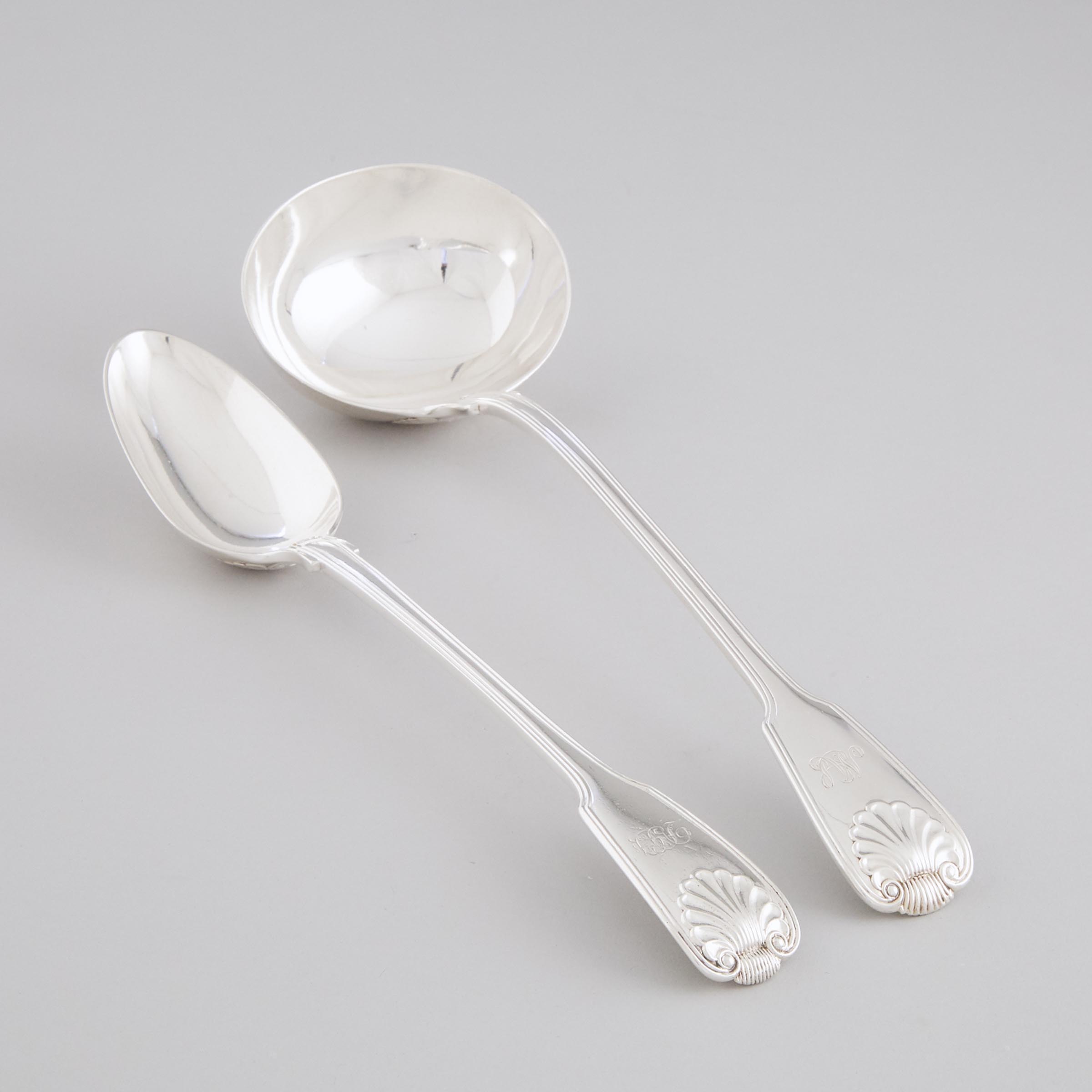 Victorian Silver Fiddle, Thread and Shell Pattern Serving Spoon and Soup Ladle, George Adams, London, 1841/63
