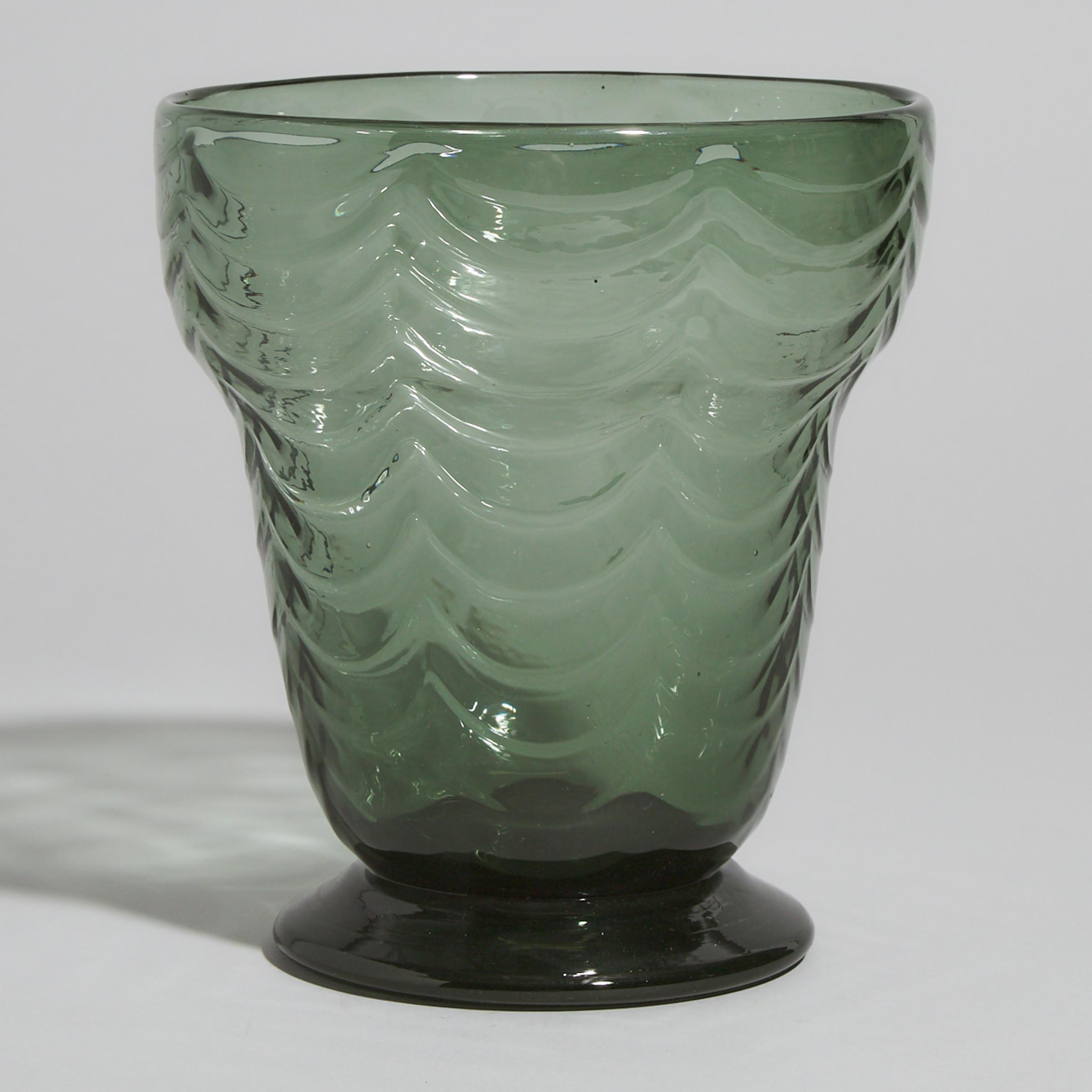Stevens & Williams Brierley Moulded Green Glass Vase, Keith Murray, 1930s