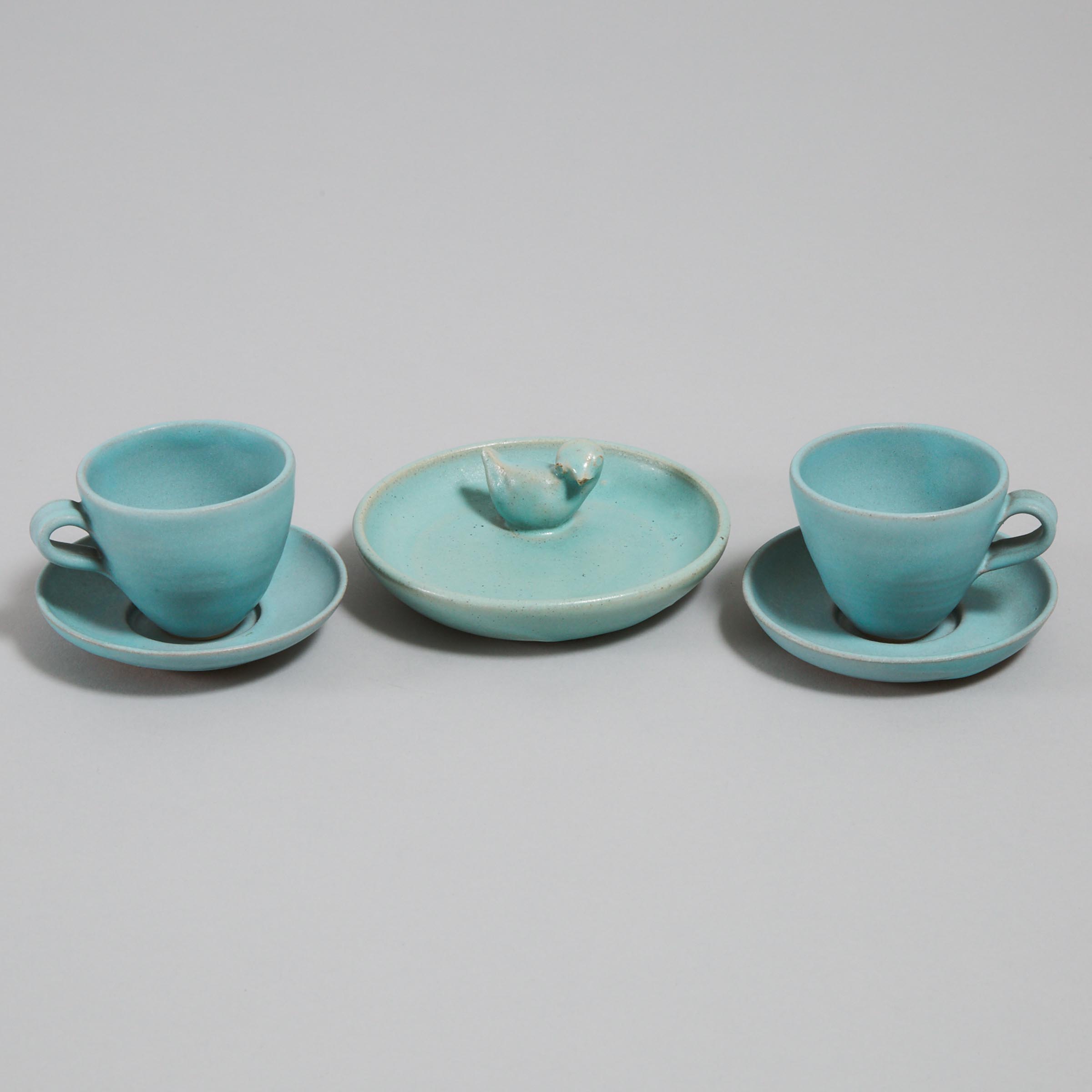 Deichmann Blue Glazed Small Bird Dish and a Pair of Coffee Cups and Saucers, Kjeld & Erica Deichmann, mid-20th century
