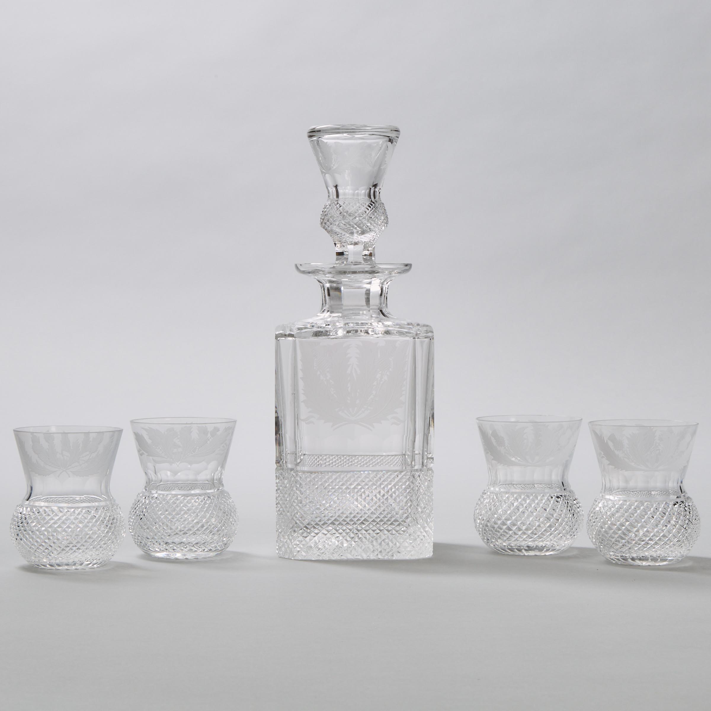 Edinburgh Crystal 'Thistle' Pattern Cut Glass Decanter and Four Tumblers, 20th century