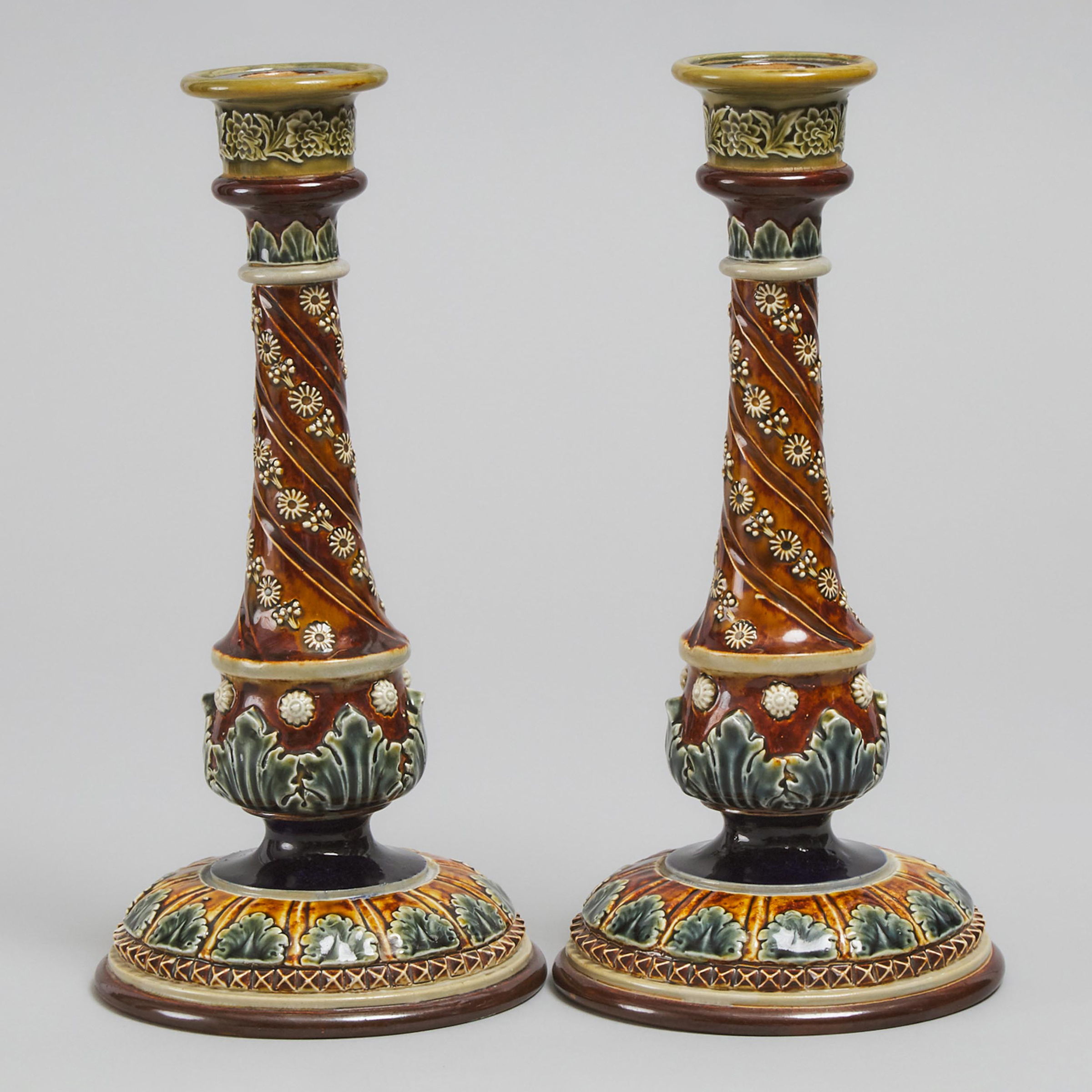 Pair of Doulton Lambeth Stoneware Table Candlesticks, Elizabeth Atkins, late 19th century
