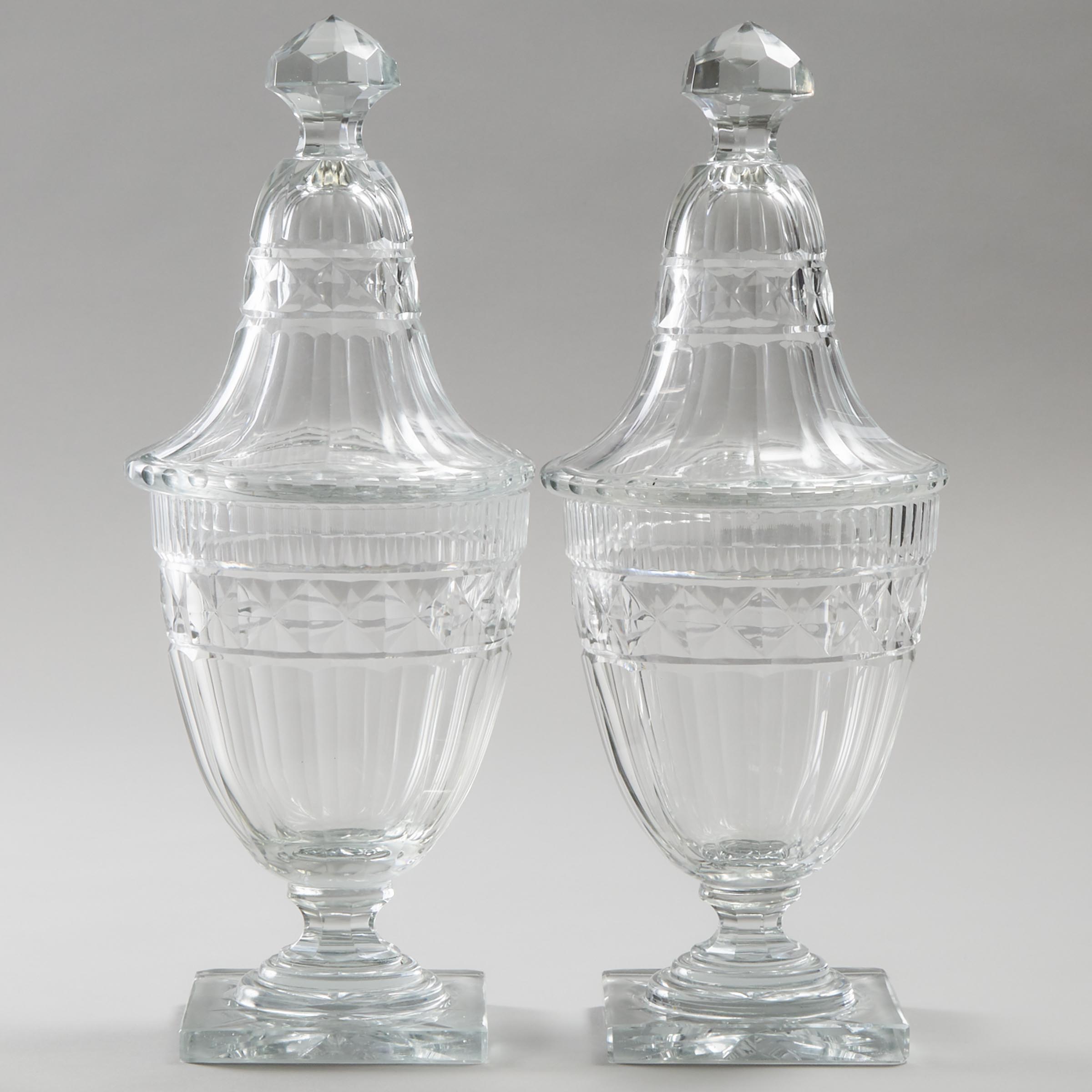 Pair of English Cut Glass Sweetmeat Vases and Covers, 19th century