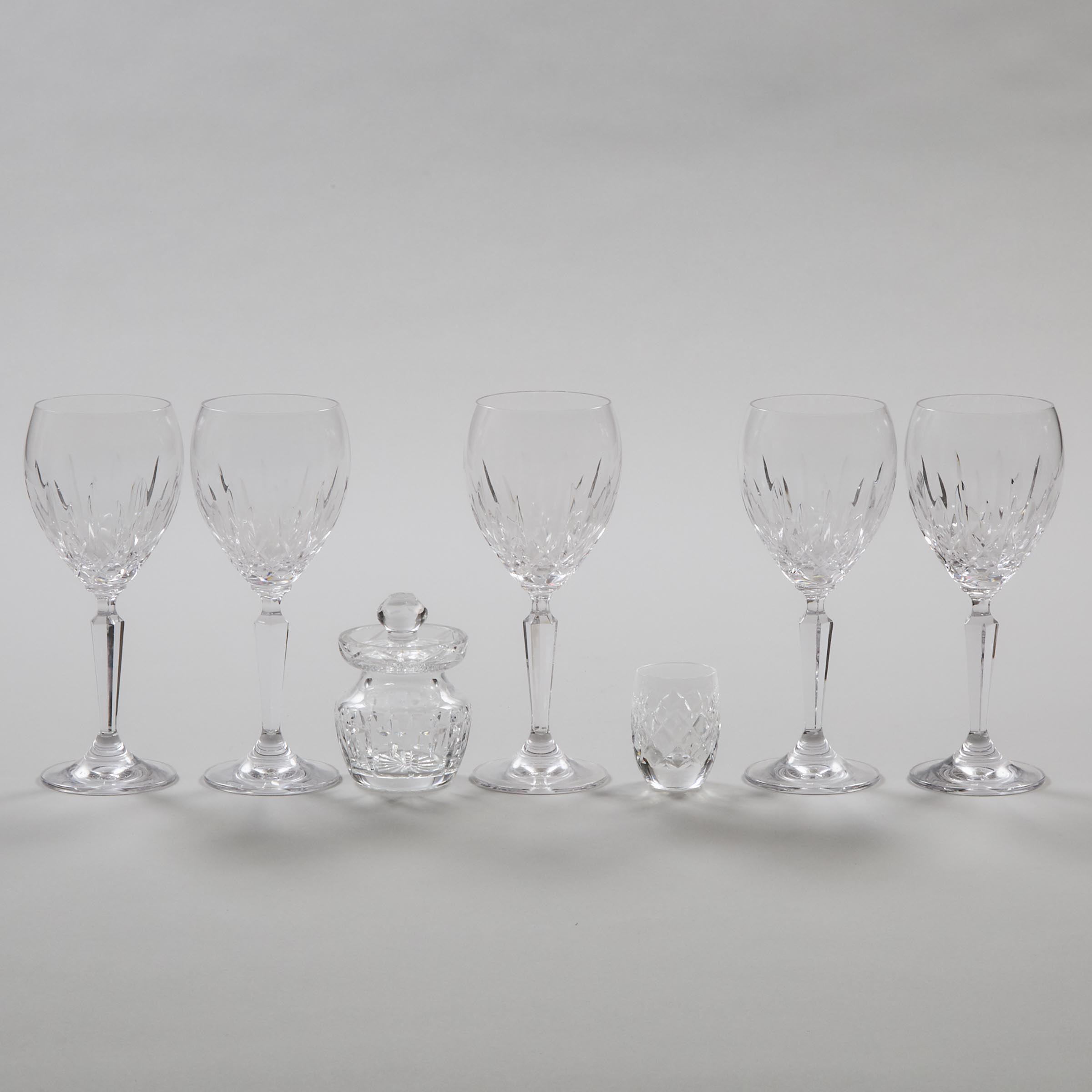 Five Waterford 'Lismore' Wine Glasses, Covered Jar, and a Shot Glass, 20th century