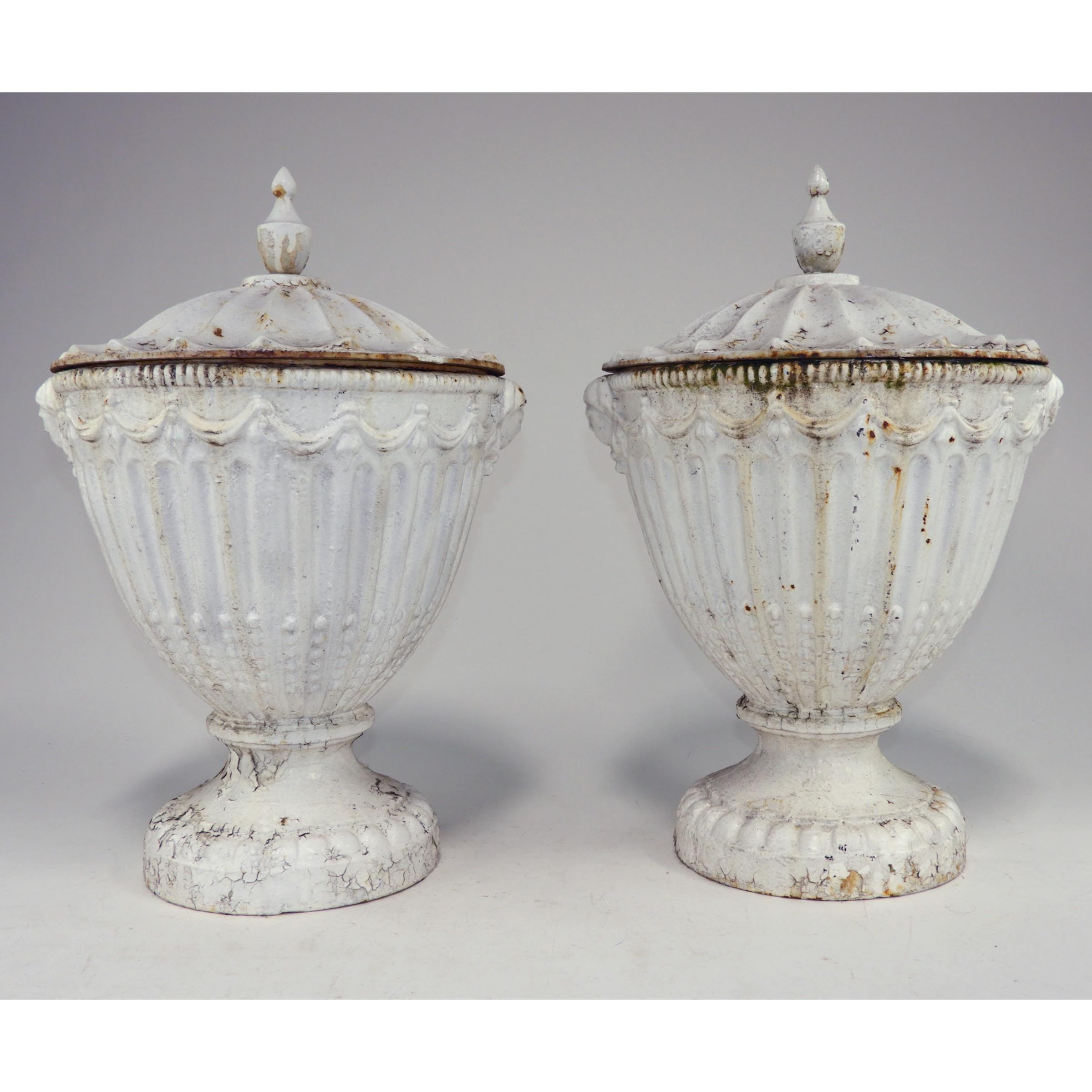 Pair of Adam Style Painted Cast Iron Covered Garden Urns, 20th century