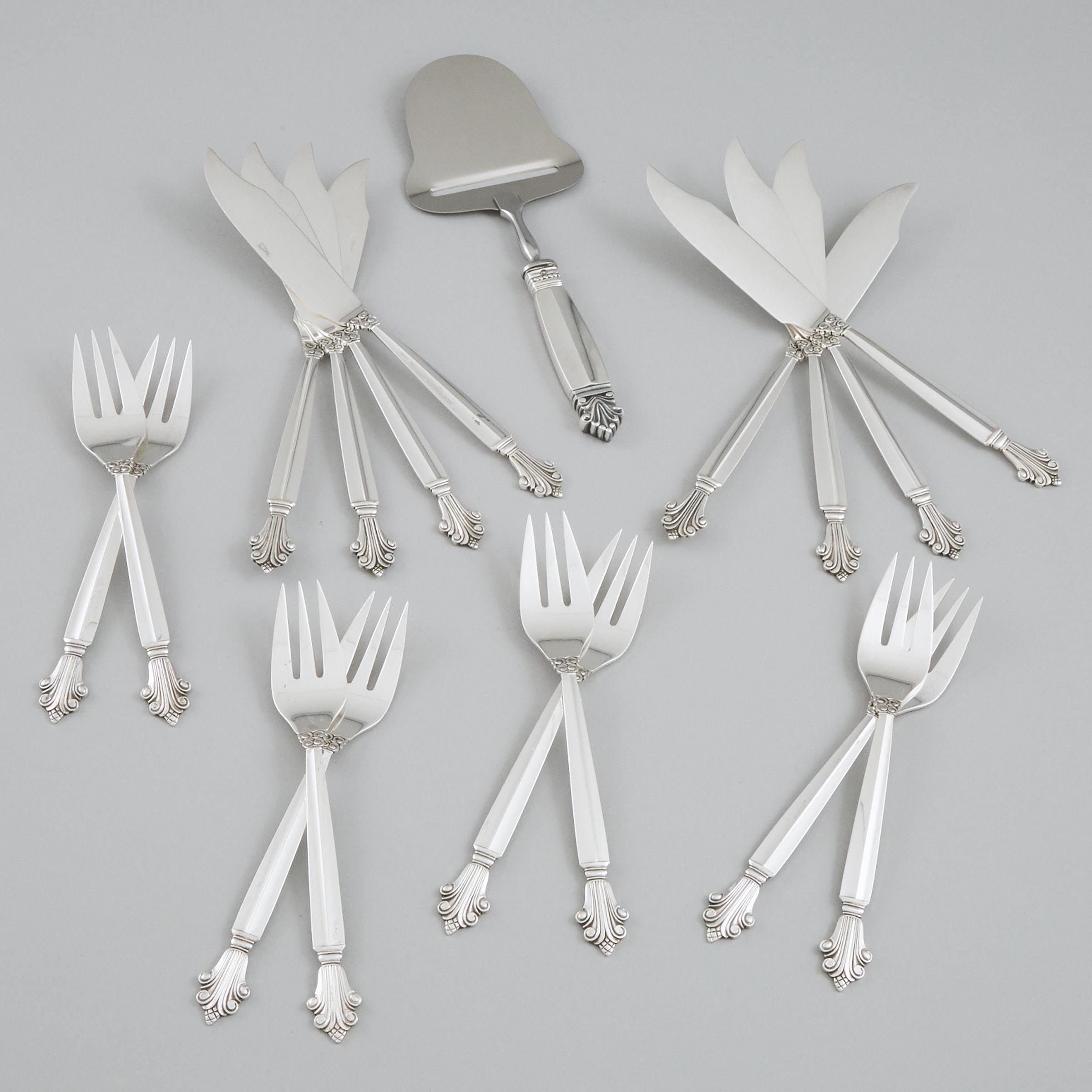 Eight Danish Silver 'Acanthus' Pattern Fish Knives, Eight Fish Forks, and a Cheese Slice, Johan Rohde for Georg Jensen, post-1945