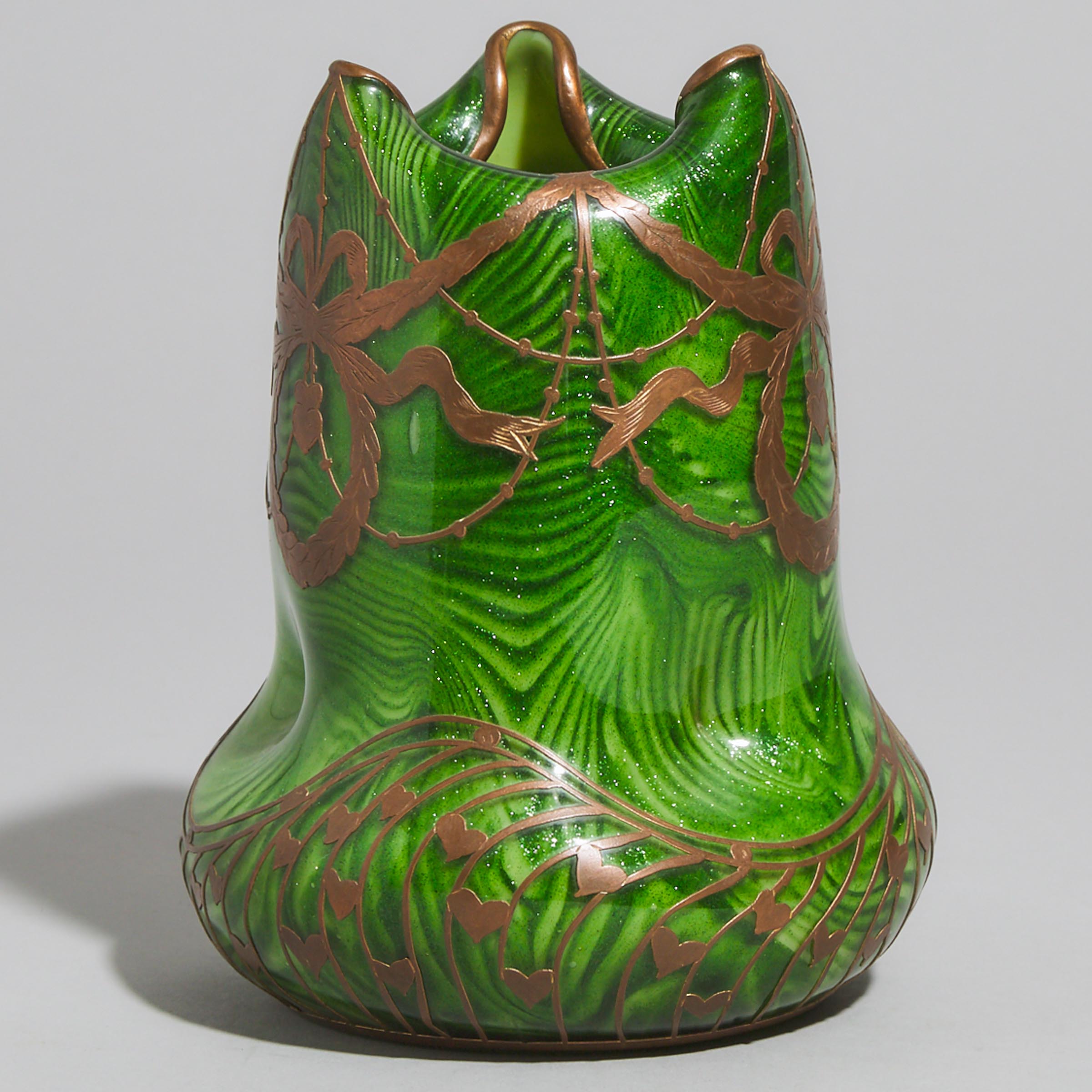 Austrian Engraved Copper Overlaid Nacreous Green Glass Vase, early 20th century