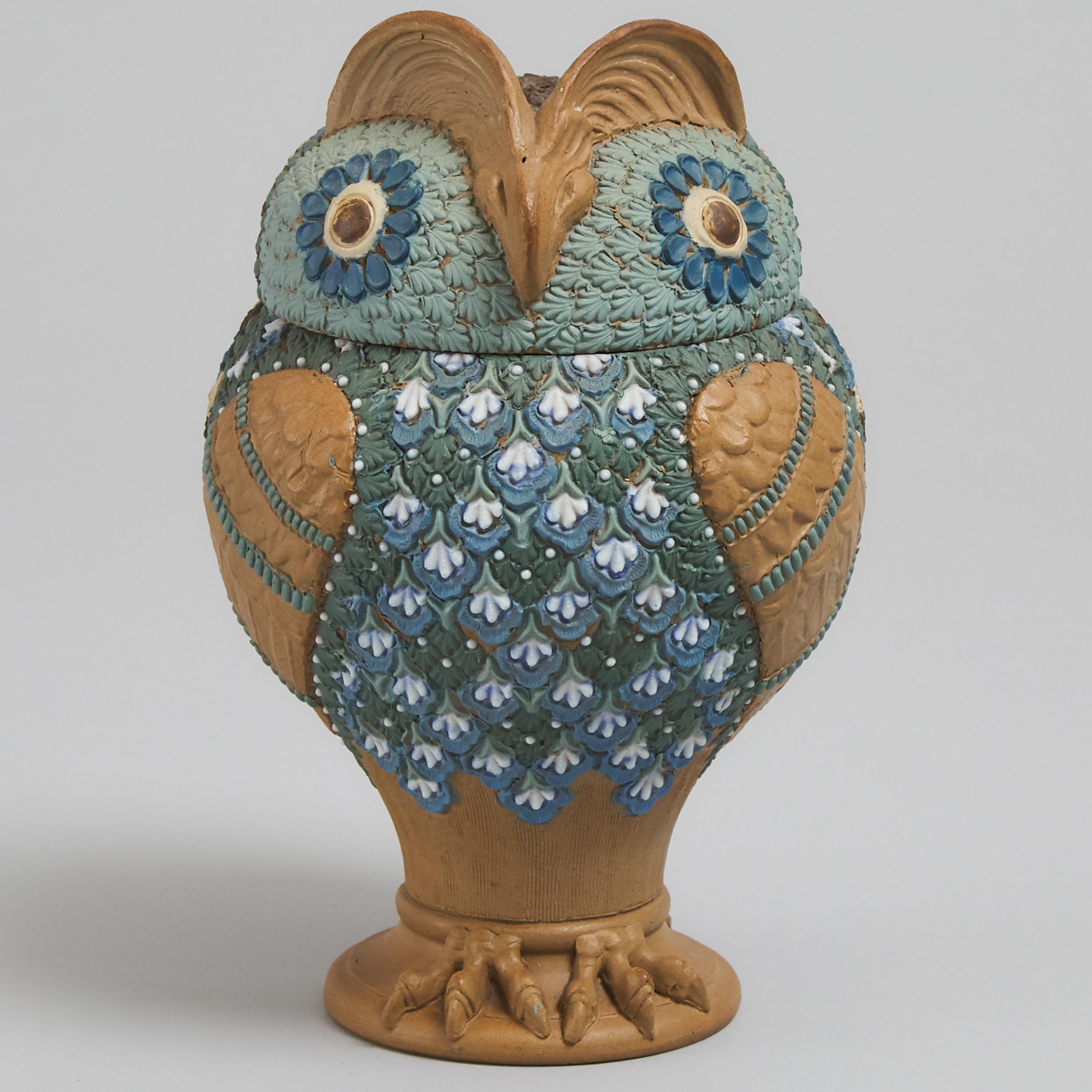Doulton Lambeth Owl-Form Silicon Covered Tobacco Jar, late 19th century