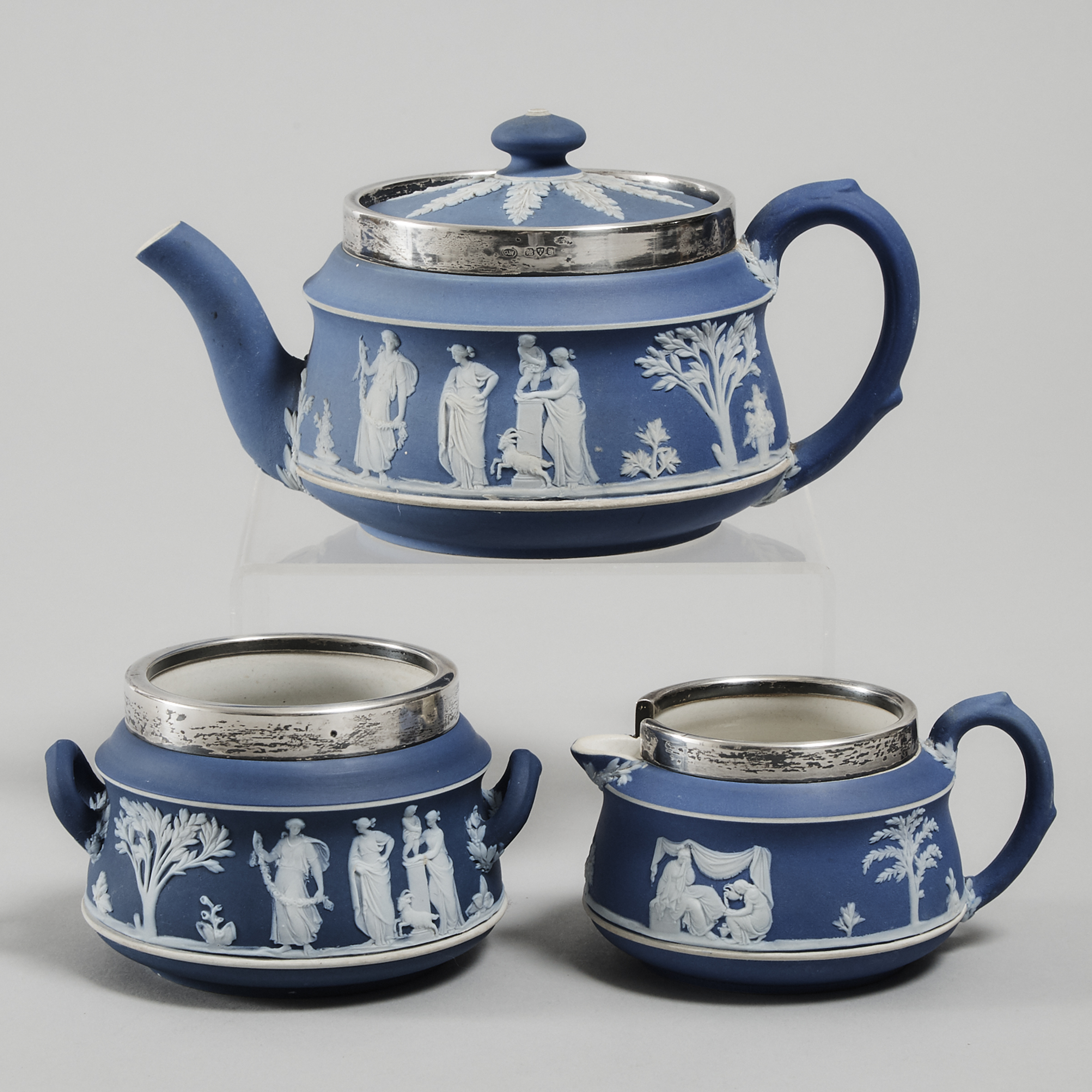 Wedgwood Silver Mounted Blue Jasper-Dip Tea Set, c.1920