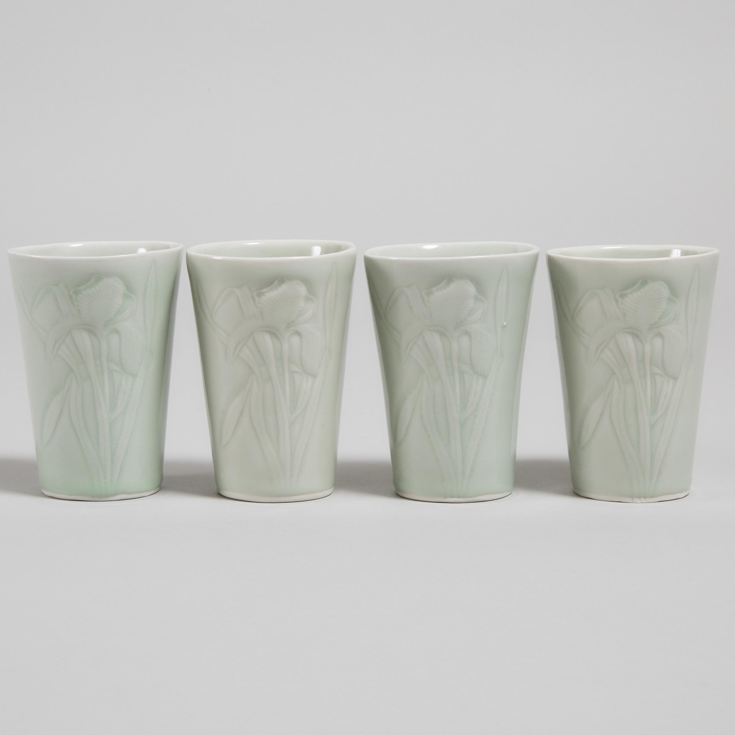 Harlan House (Canadian, b.1943), Four Iris Celadon Glazed Cups, c.1980