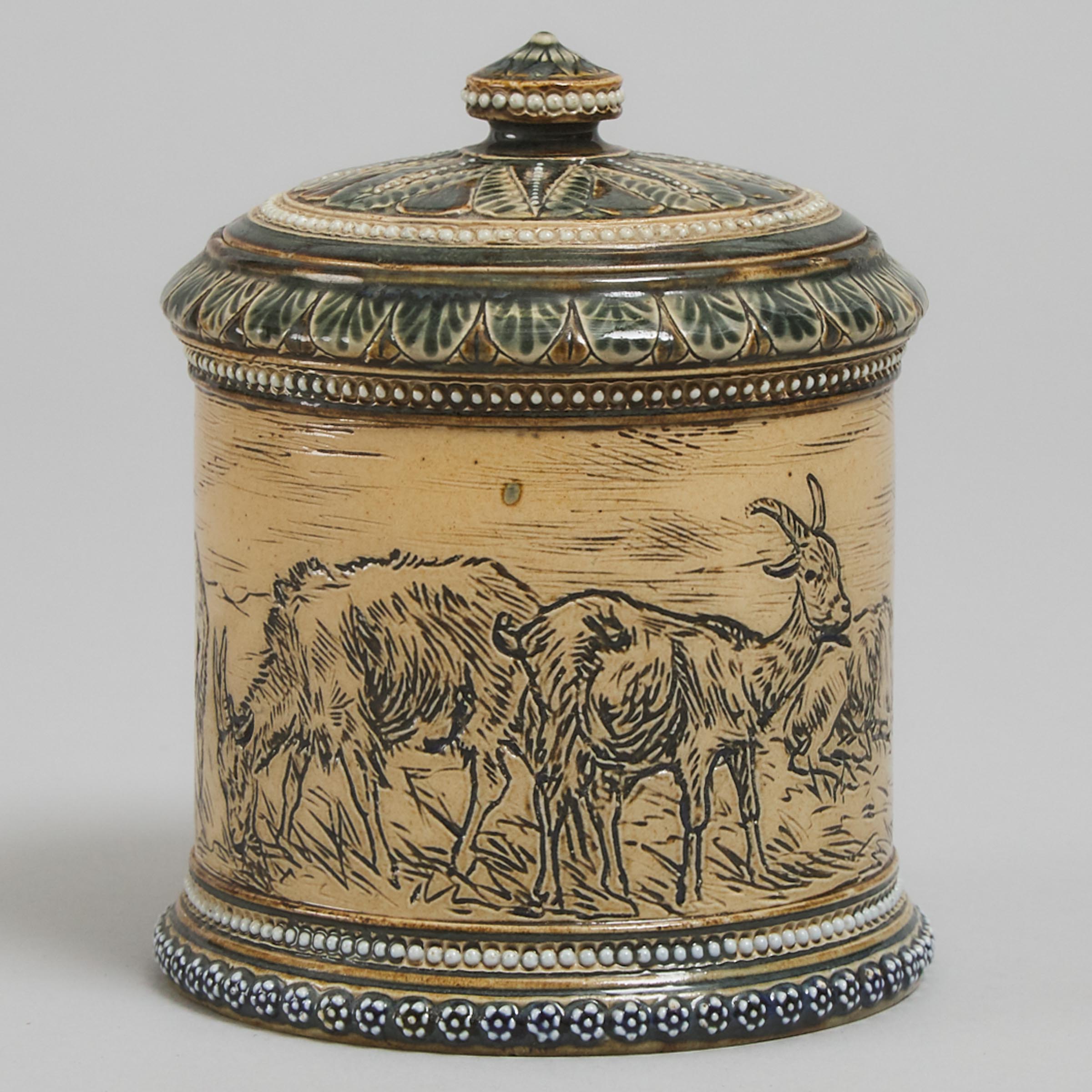 Doulton Lambeth Stoneware Covered Jar, Hannah Barlow, 1878 