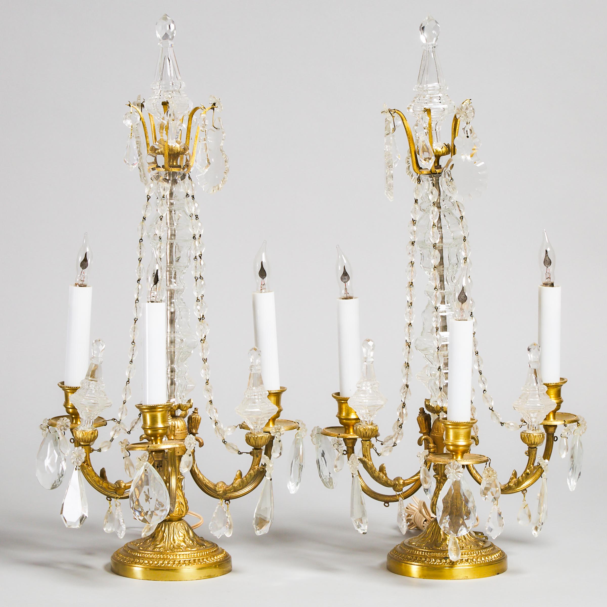 Pair of French Moulded and Cut Glass Mounted Gilt Bronze Girandoles, early-mid 20th century