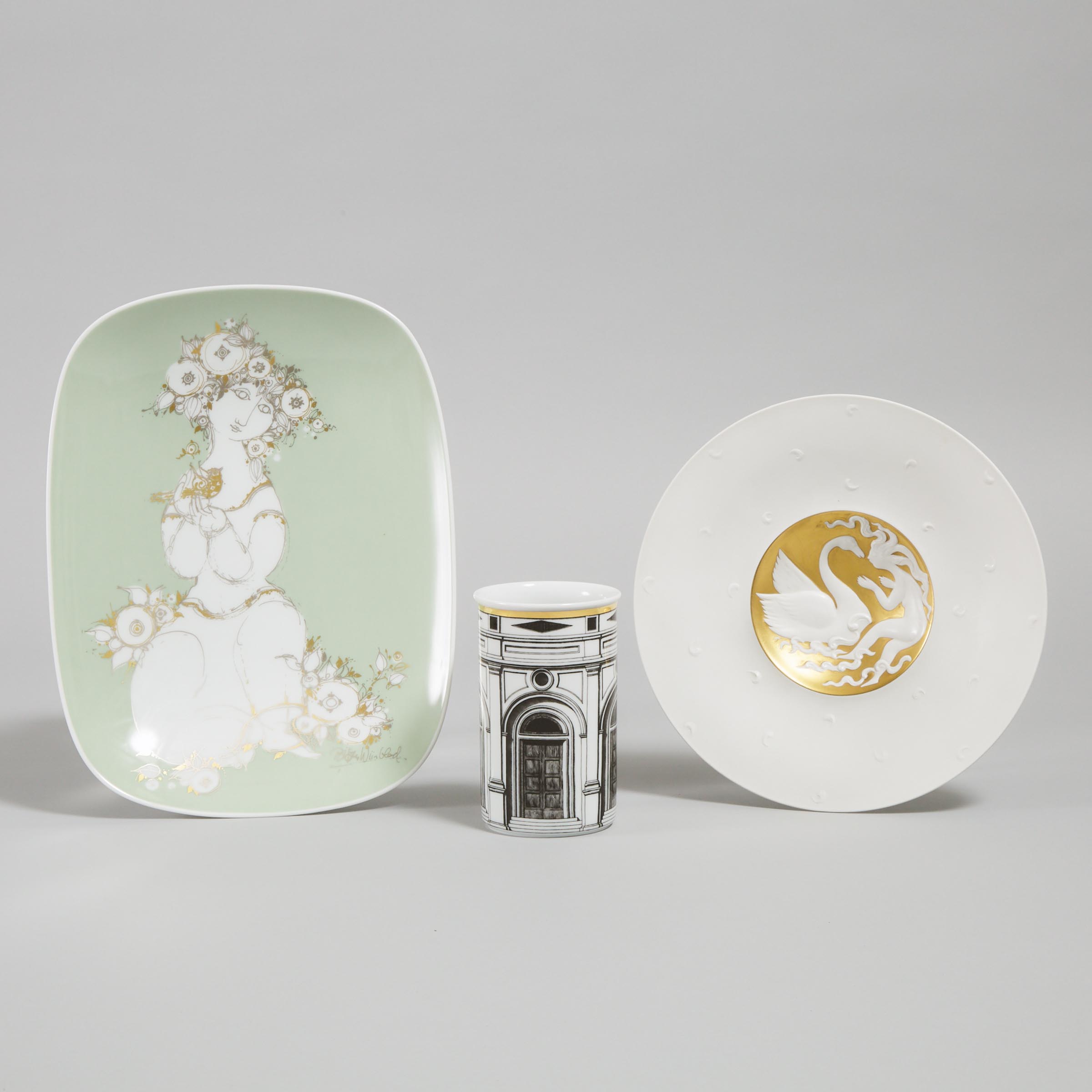 Rosenthal Bjorn Wiinblad 'Leda and the Swan' Dish and an Oblong Dish, and a Fornasetti 'Palladiana' Vase, 20th century