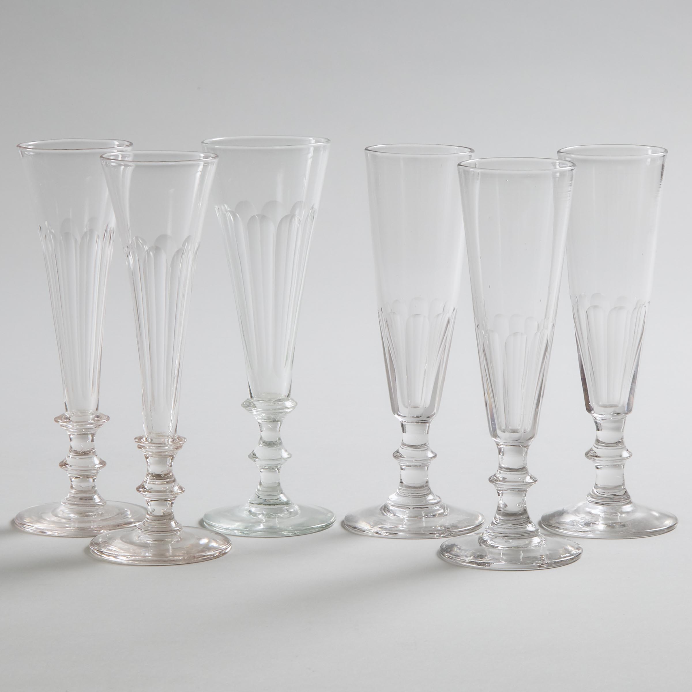 Six Continental Cut Glass Champagne Flutes, 19th century