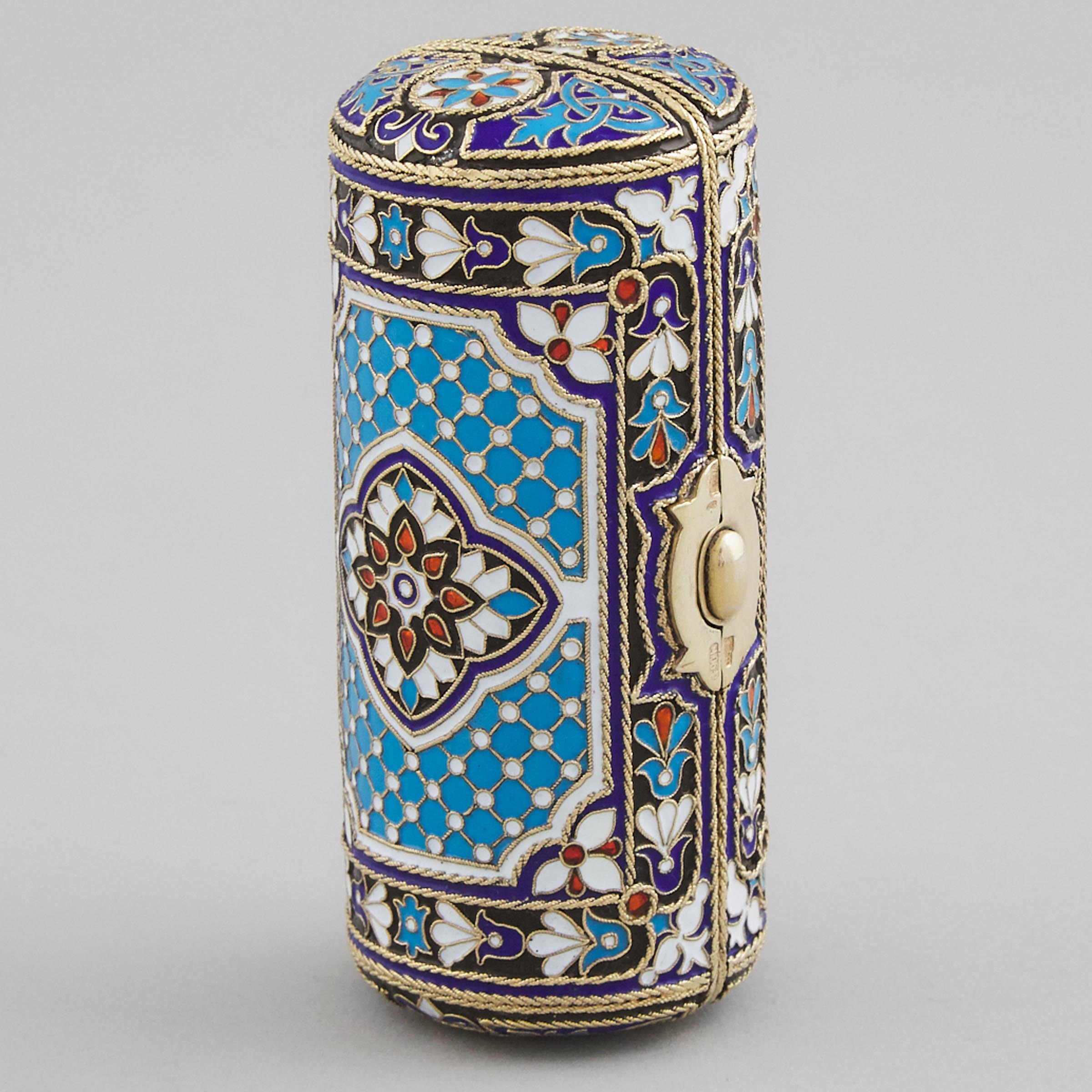 Russian Silver and Cloisonné Enamel Cylindrical Cigarette Case, Ivan Khlebnikov, Moscow, 1883(?)