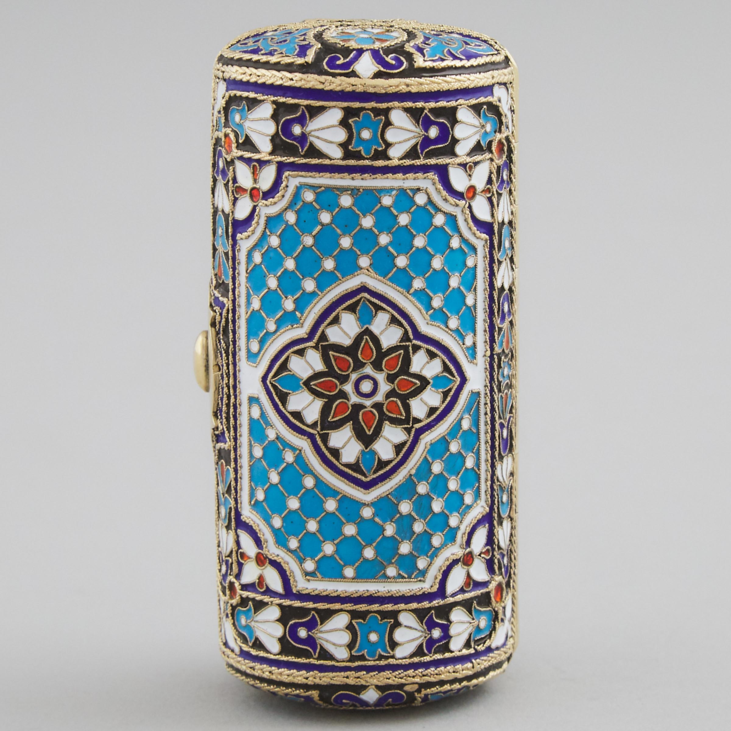 Russian Silver and Cloisonné Enamel Cylindrical Cigarette Case, Ivan Khlebnikov, Moscow, 1883(?)