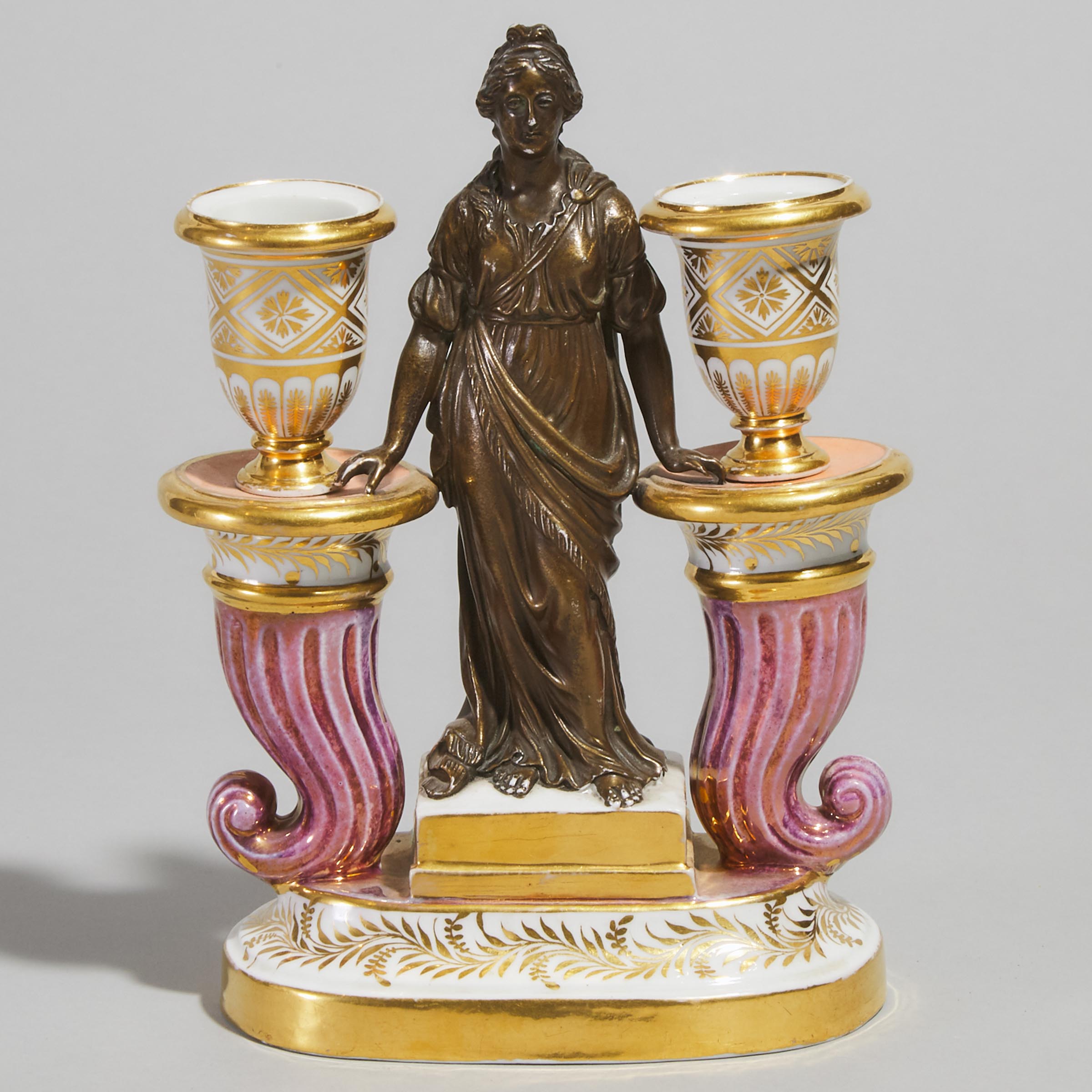 English Porcelain Classical Figure Two-Light Candlestick, probably Coalport, early 19th century