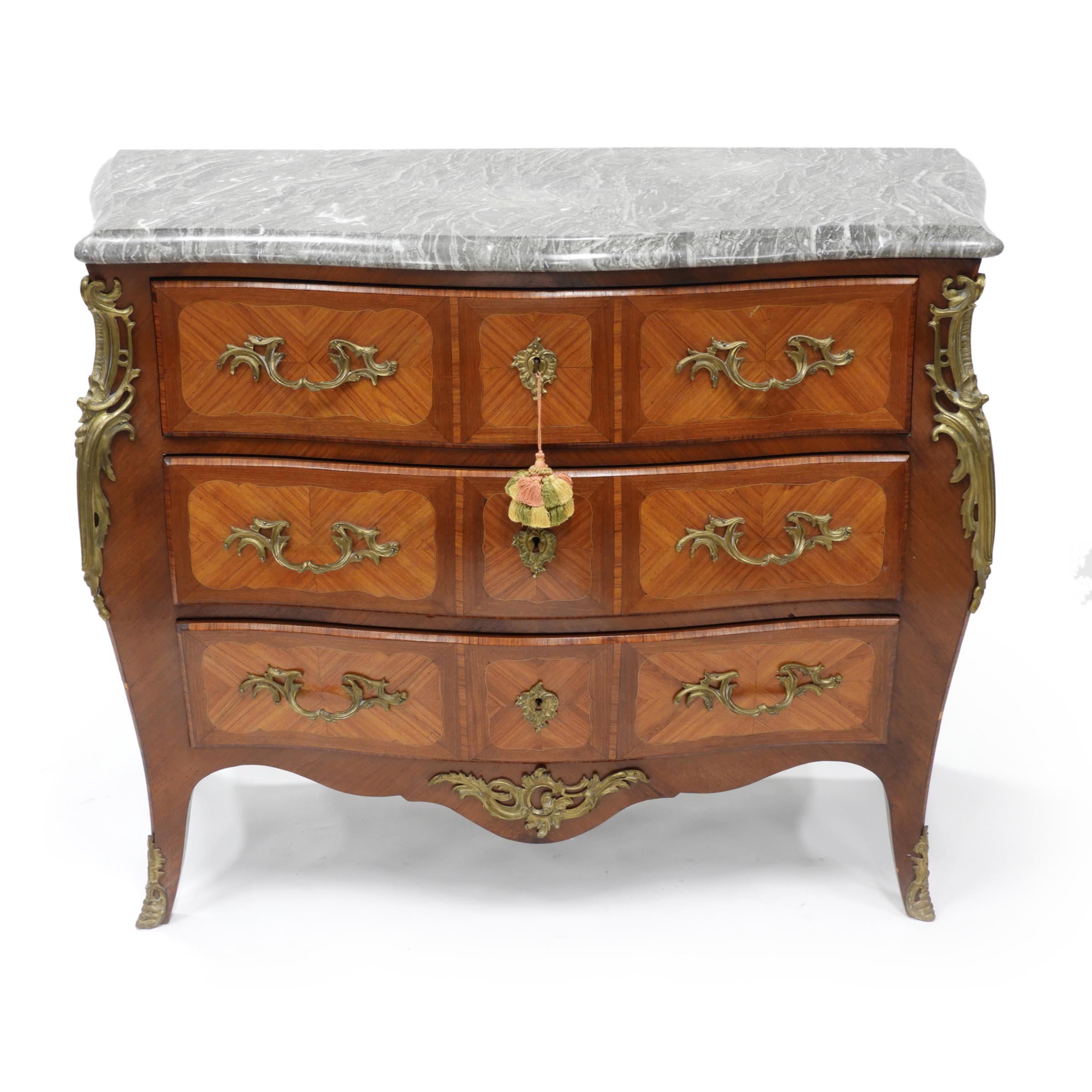 French Ormolu Mounted Parquetry Bombé Commode, 20th century