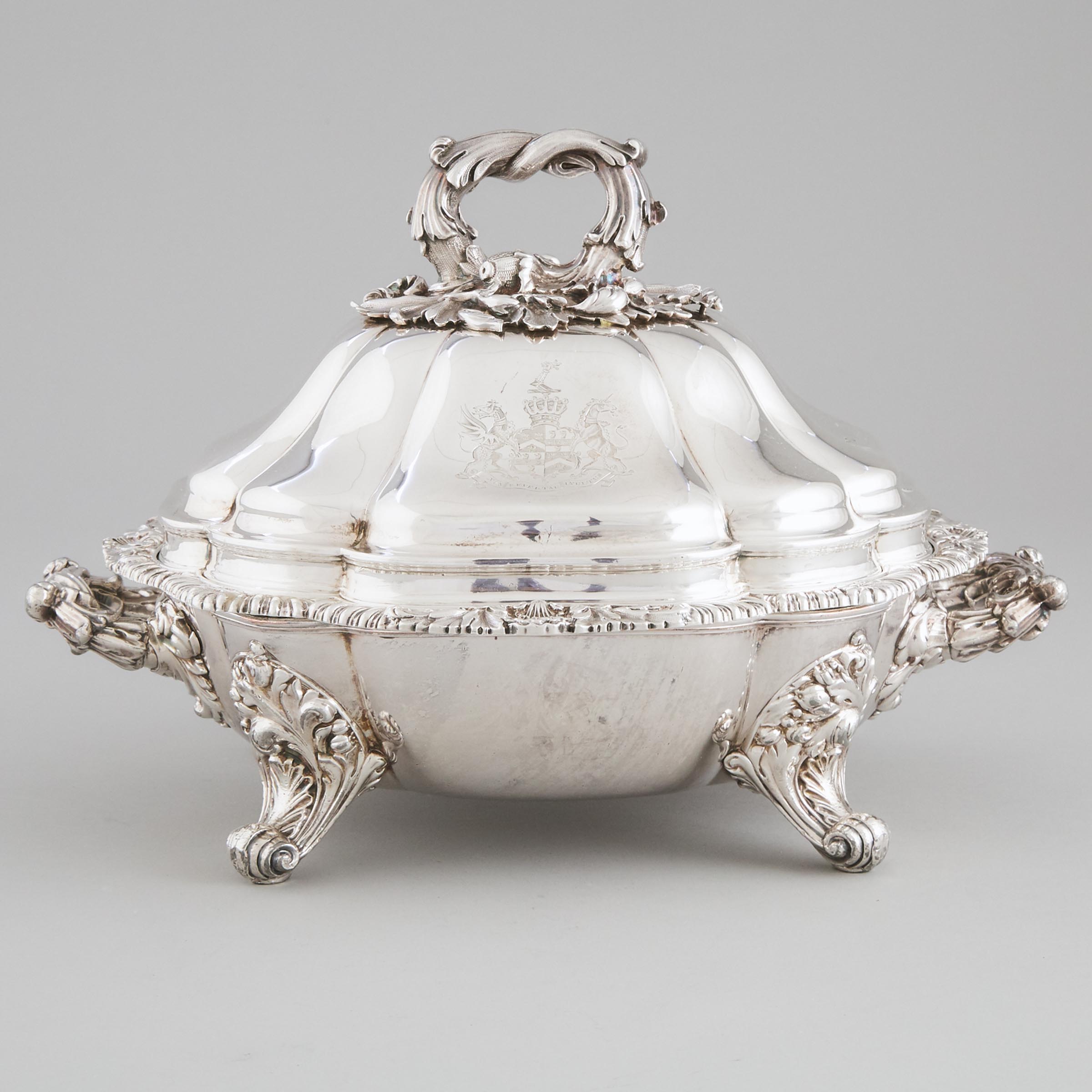 William IV Silver Covered Entrée Dish with Old Sheffield Plate Warming Stand, William Ker Reid, London, 1833