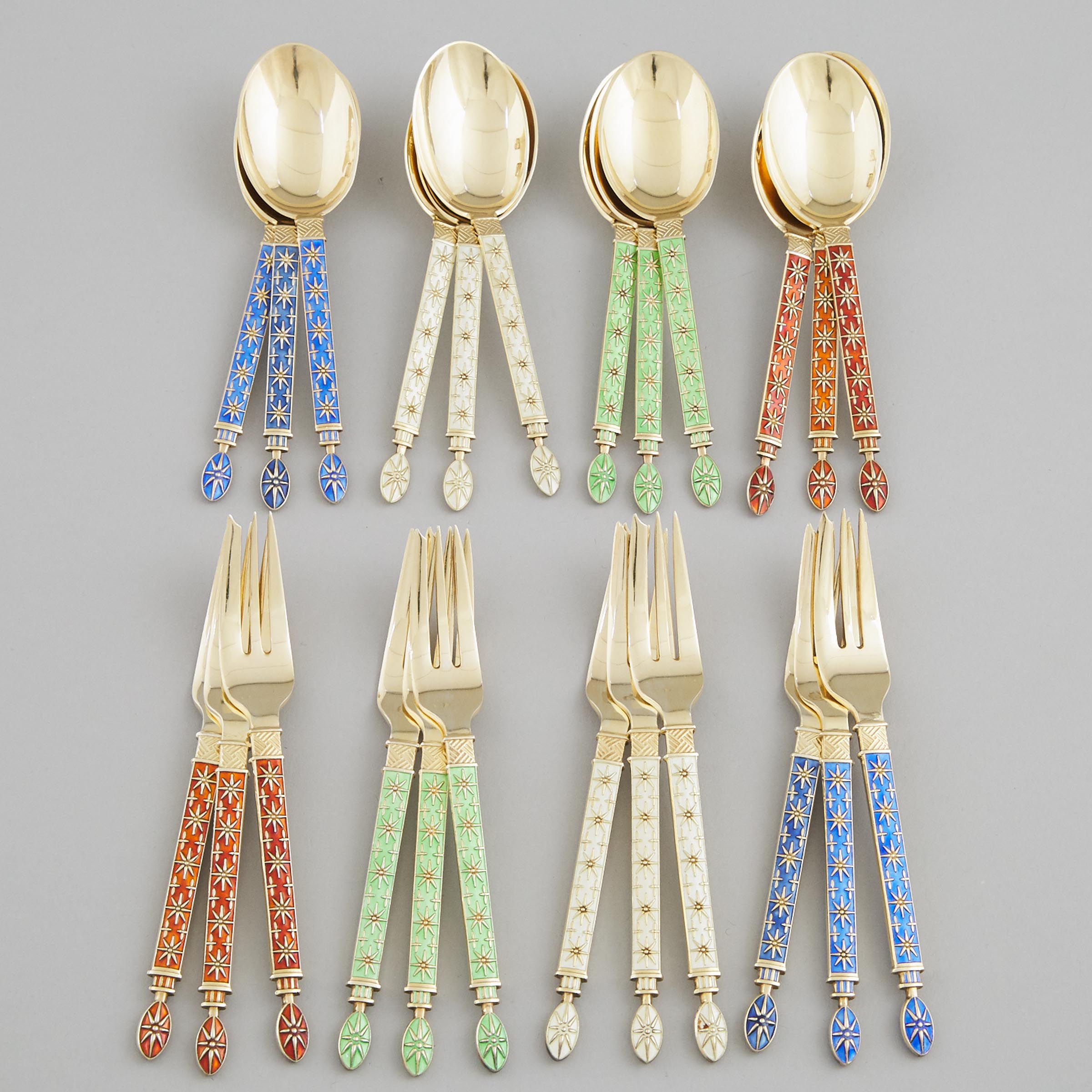 Twelve Norwegian Silver-Gilt and Enamel Tea Spoons and Twelve Pastry Forks, J. Tostrup, Oslo, 20th century