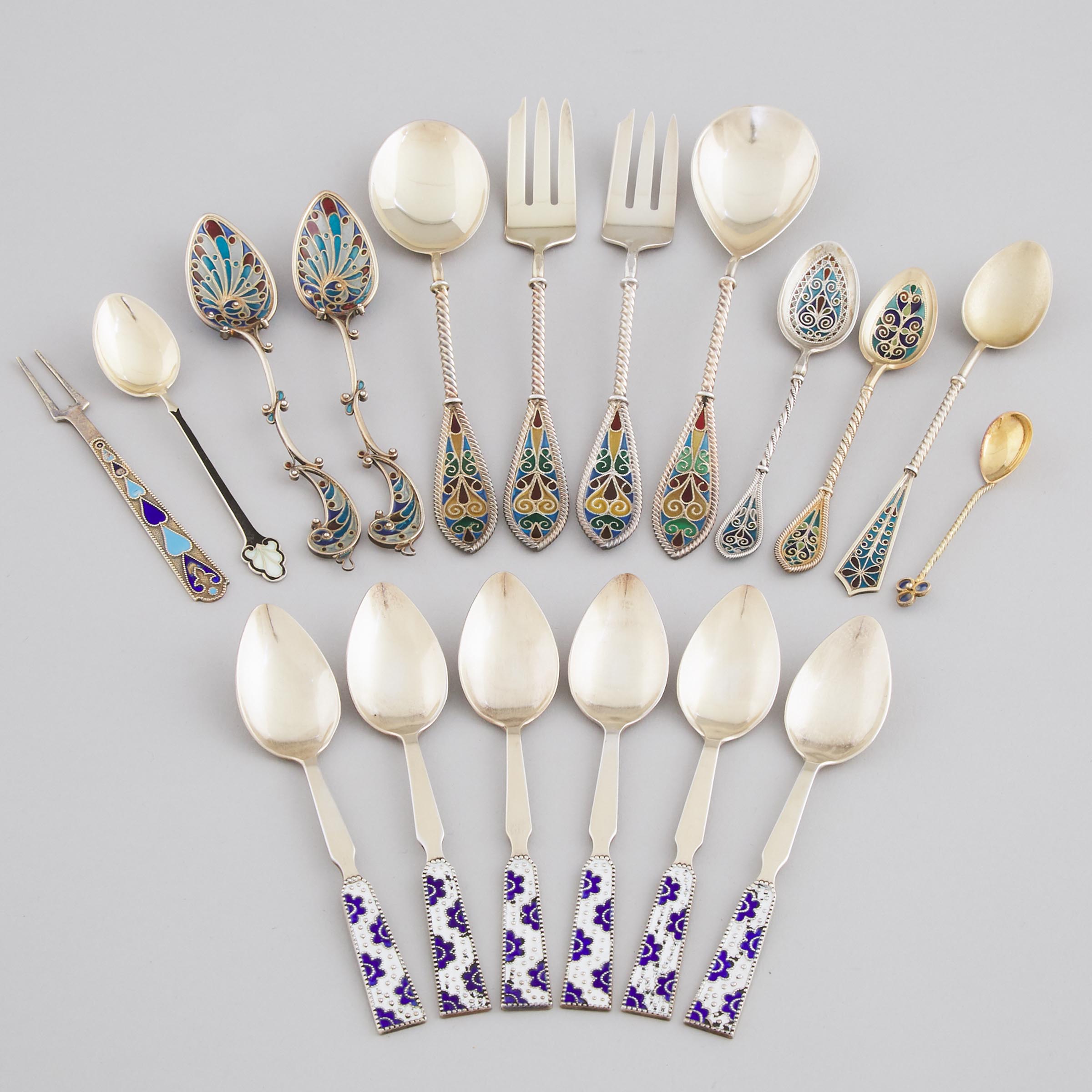 Eighteen Various Plique-à-Jour and Cloisonné Enameled Silver Spoons and Forks, 20th century