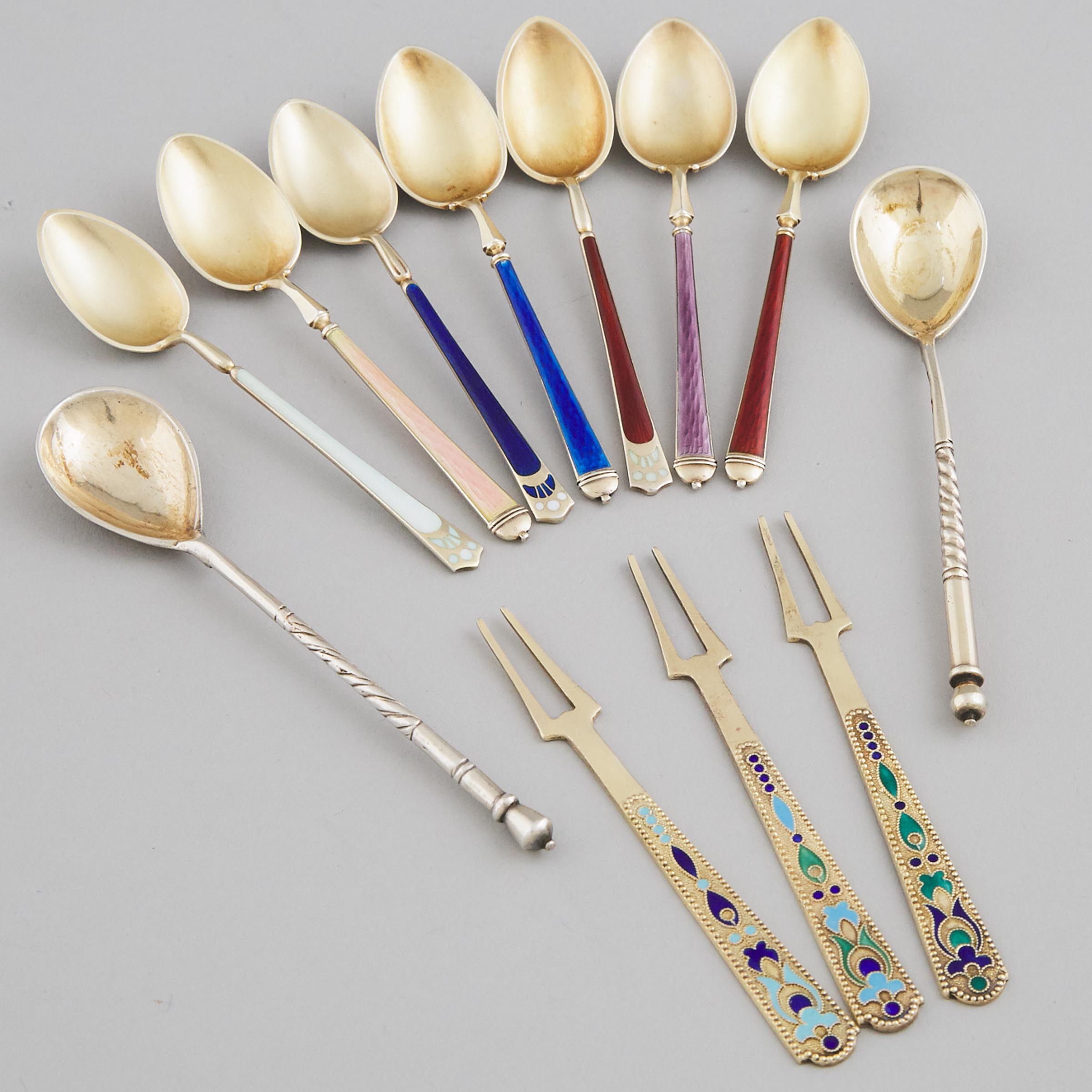 Nine Russian and Norwegian Silver-Gilt and Enameled Small Spoons and Three Forks, 20th century