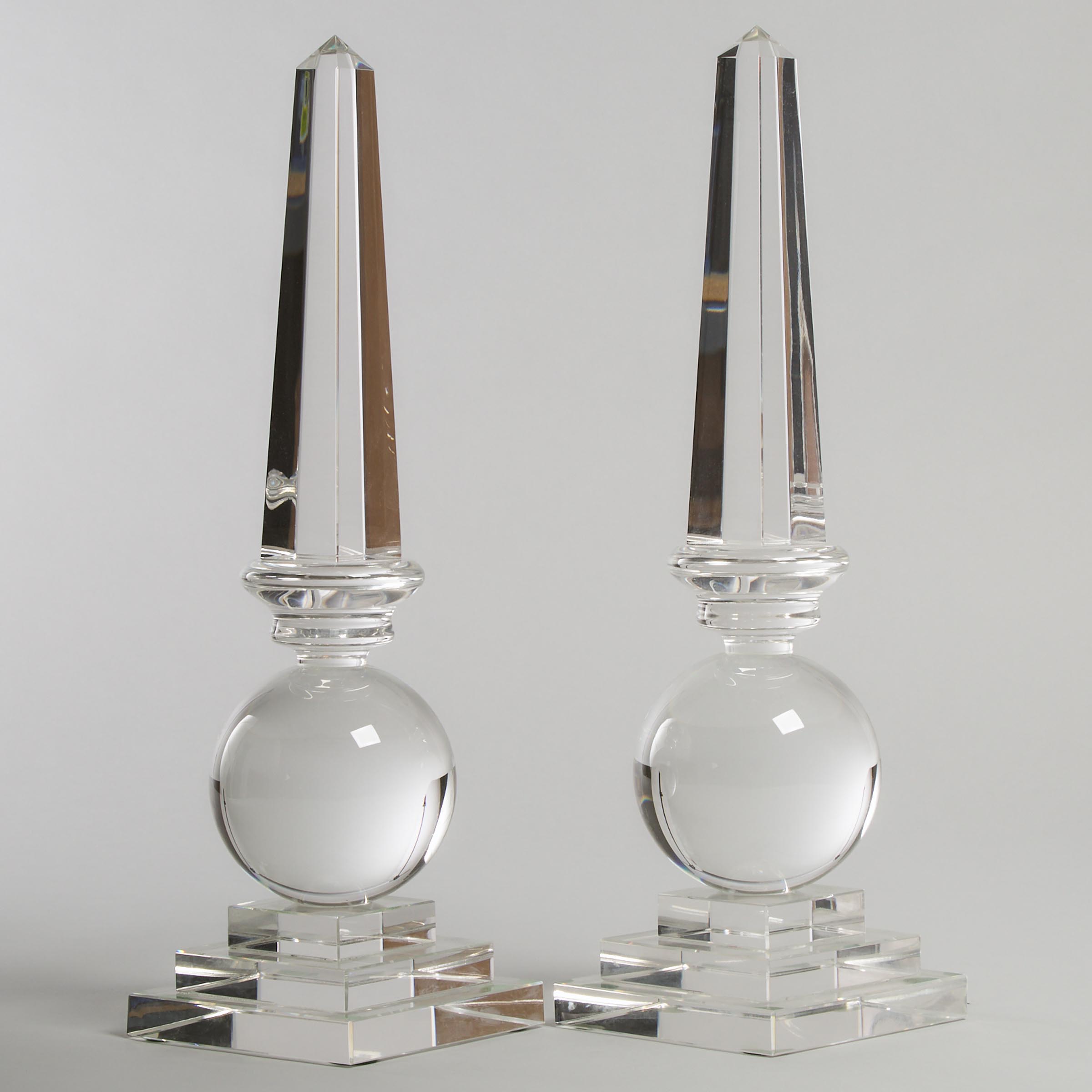 Pair of Contemporary Moulded and Cut Glass Obelisks, late 20th century