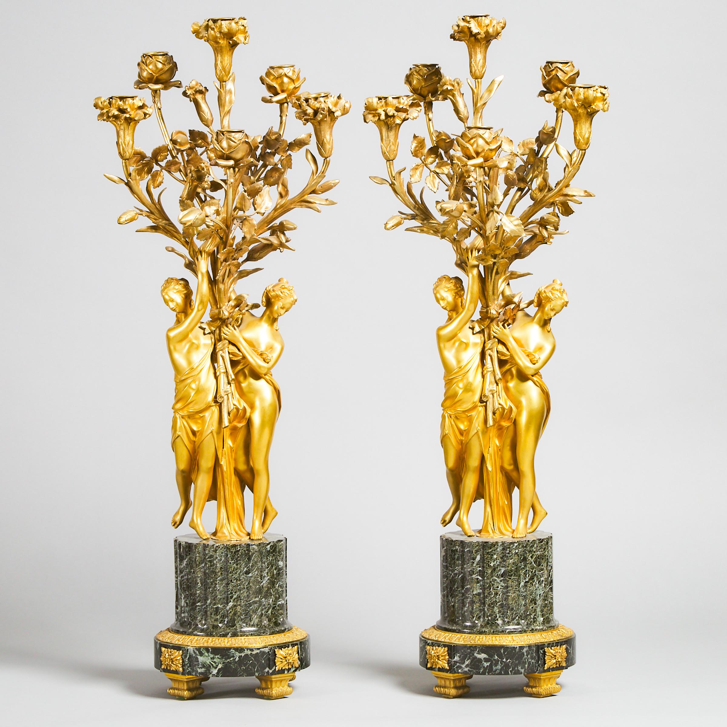 Pair of French Gilt Bronze and Marble Figural Candelabras, 20th century