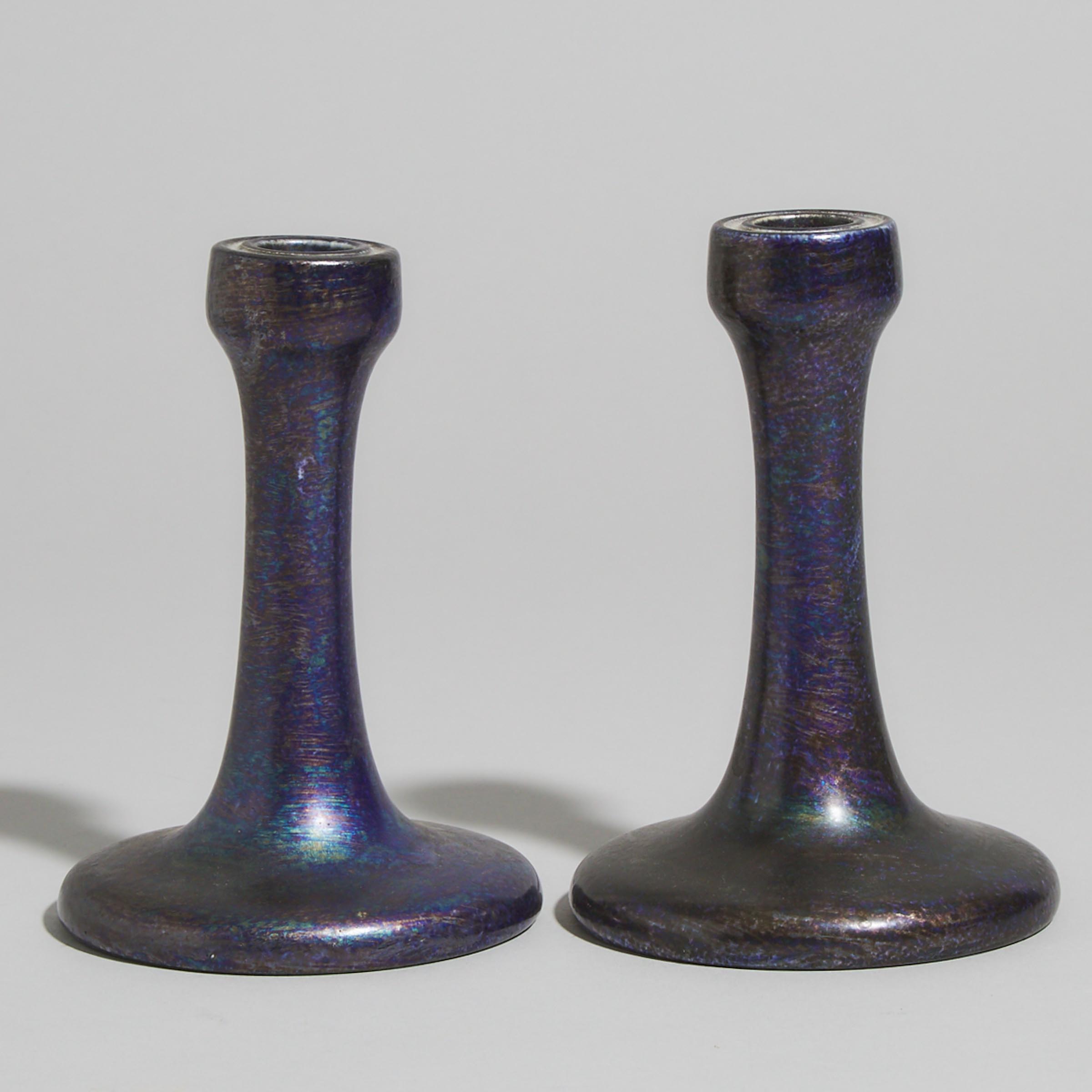 Pair of Ruskin Iridescent Glazed Candlesticks, 1920/21