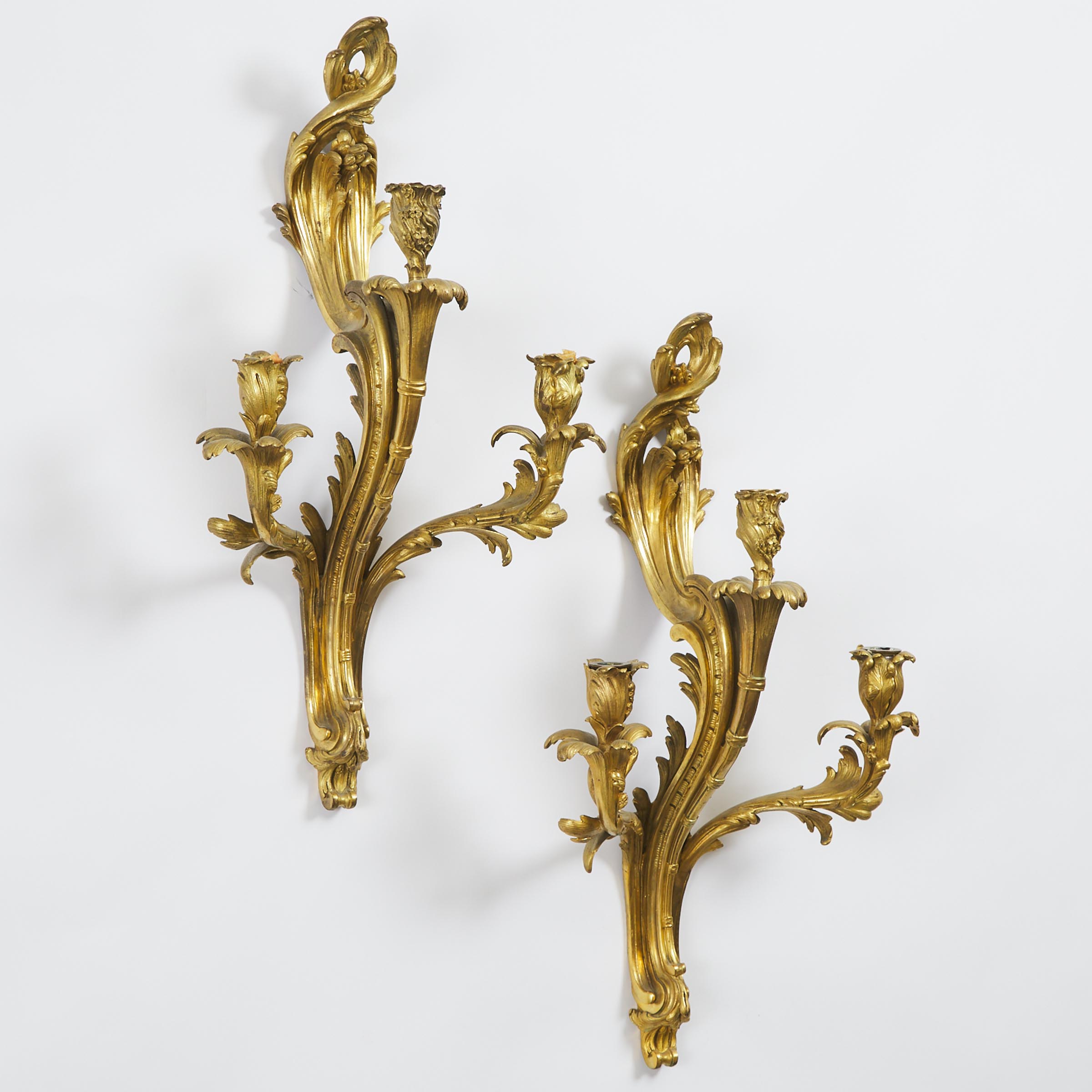 Large Pair of Louis XV Style Gilt Bronze Three Light Wall Sconces, 19th/early 20th century