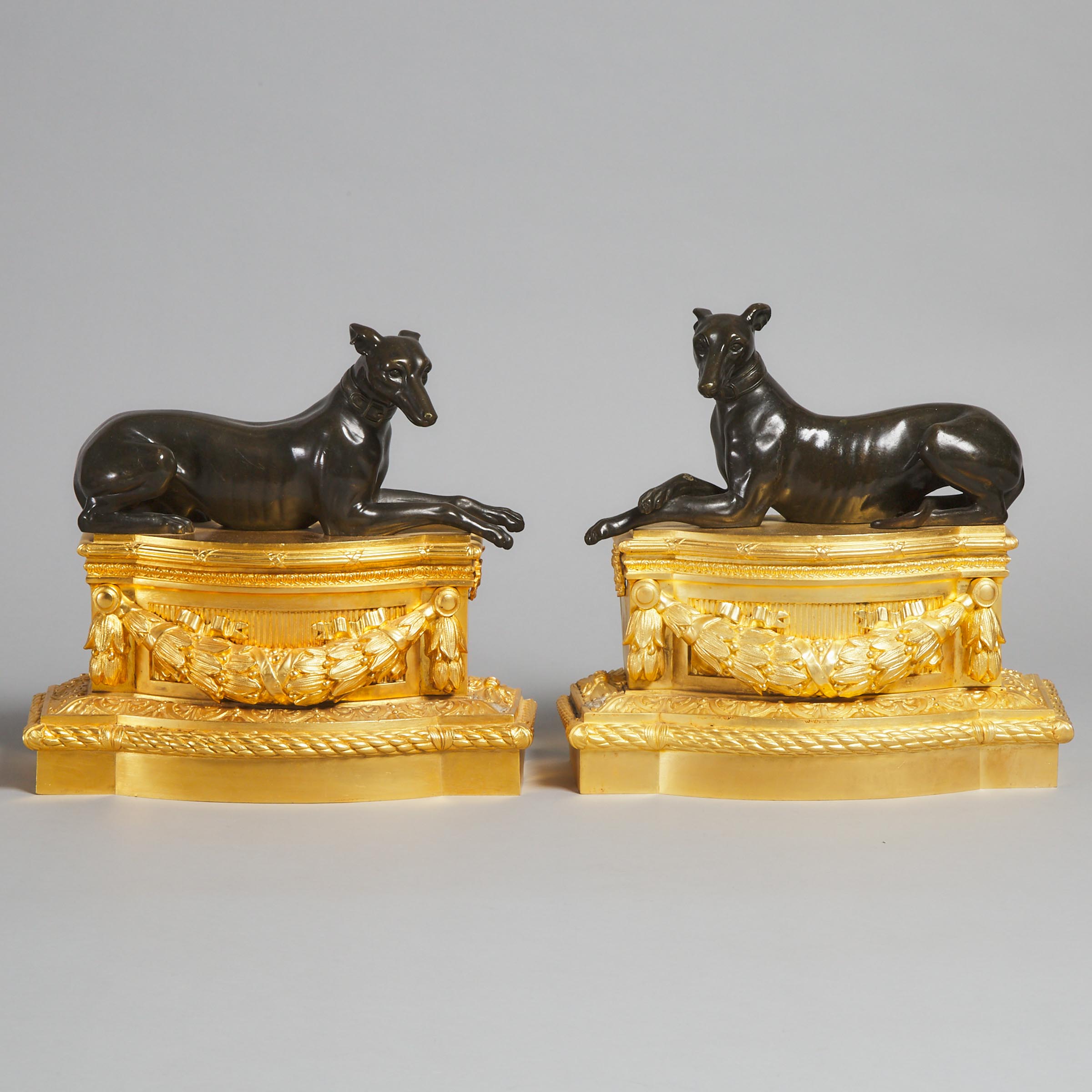 Pair of Louis XVI Gilt Bronze and Ormolu Greyhound Form Chenets, 2nd half, 18th century