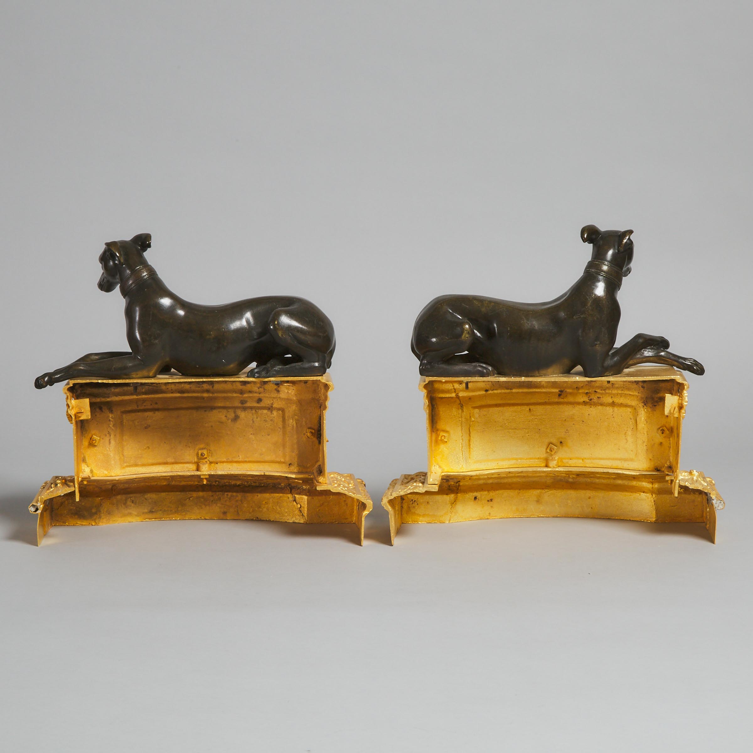 Pair of Louis XVI Gilt Bronze and Ormolu Greyhound Form Chenets, 2nd half, 18th century