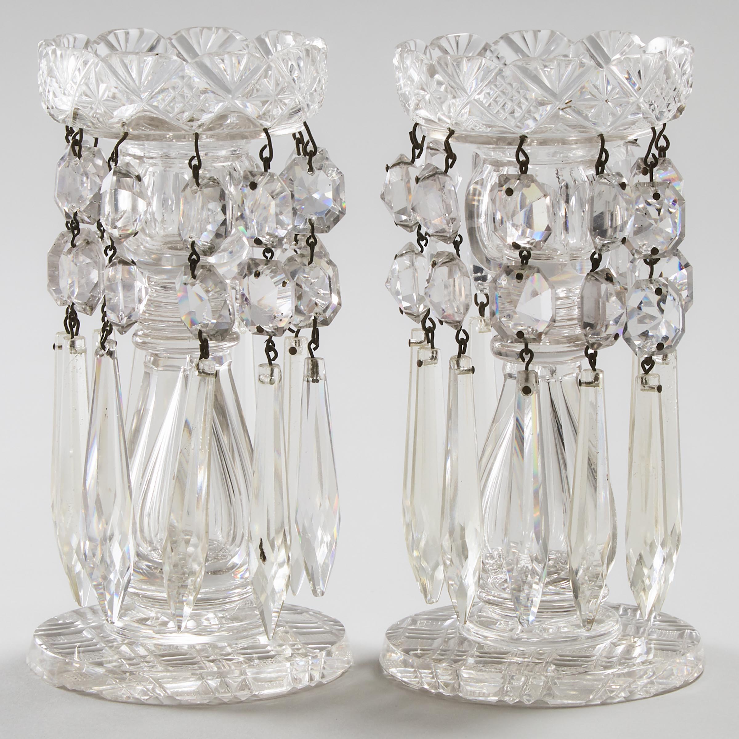 Pair of Anglo-Irish Cut Glass Lustre Candlesticks, 19th century