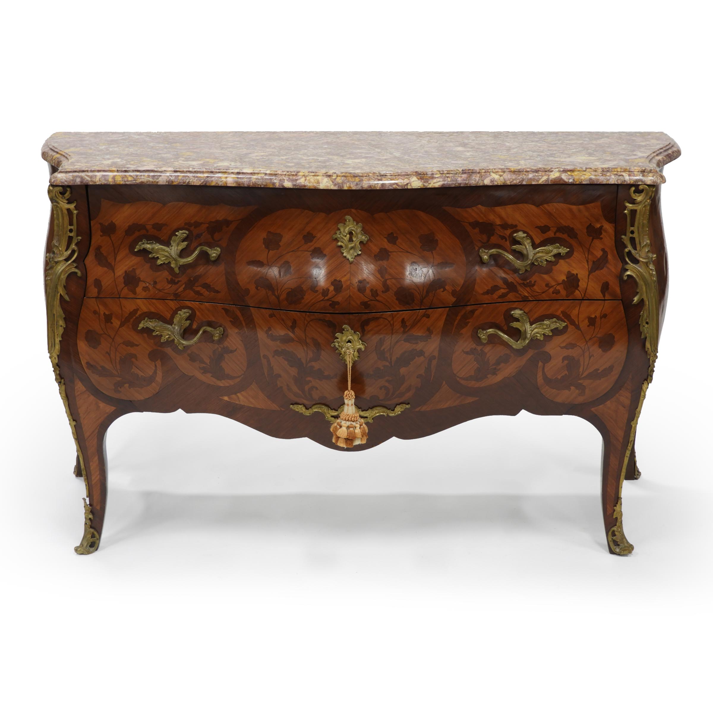 French Ormolu Mounted Inlaid Parquetry Bombé Commode on Stand, c.1900