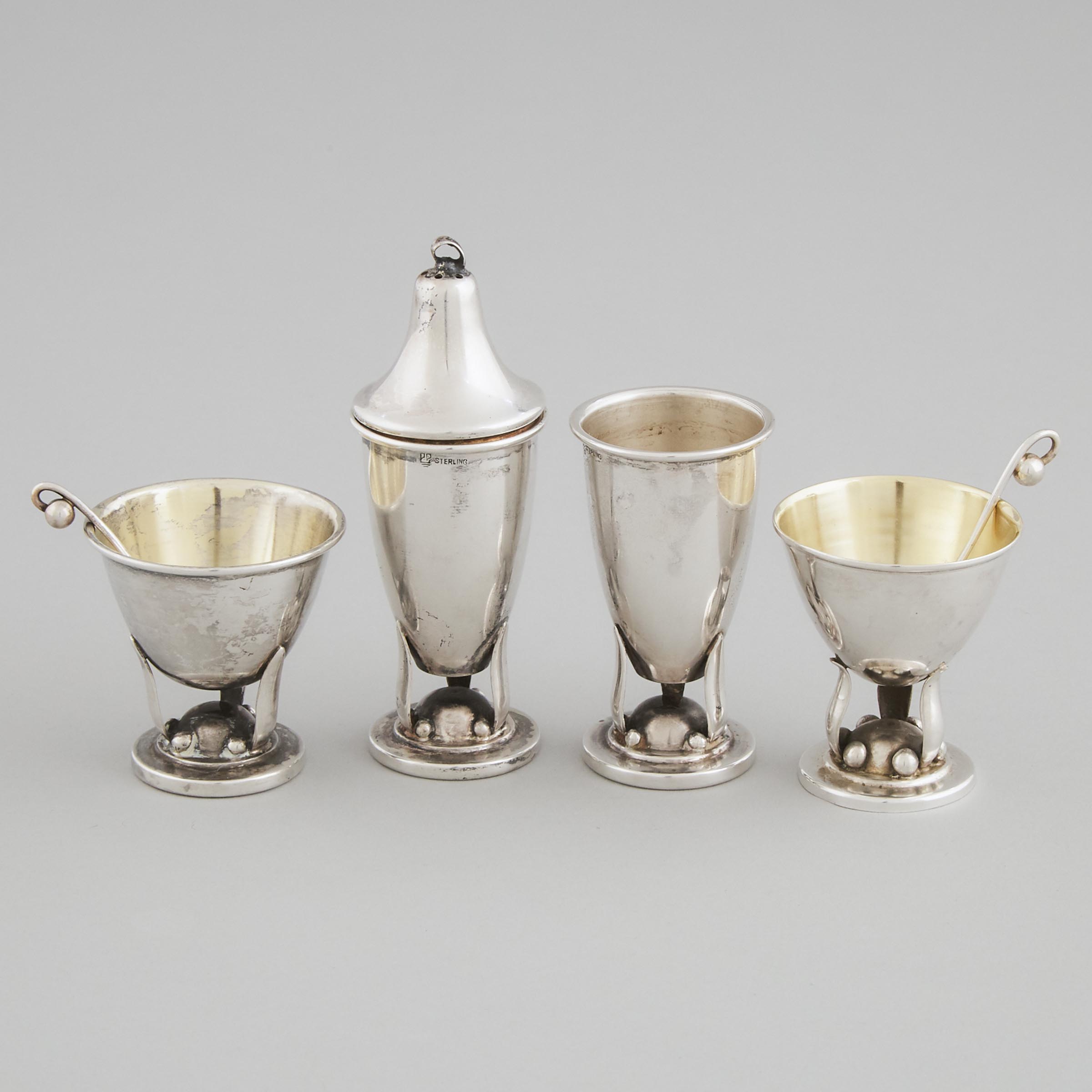 Pair of Canadian Silver Salt Cellars with Spoons and a Pair of Pepper Casters, Poul Petersen, Montreal, Que., mid-20th century