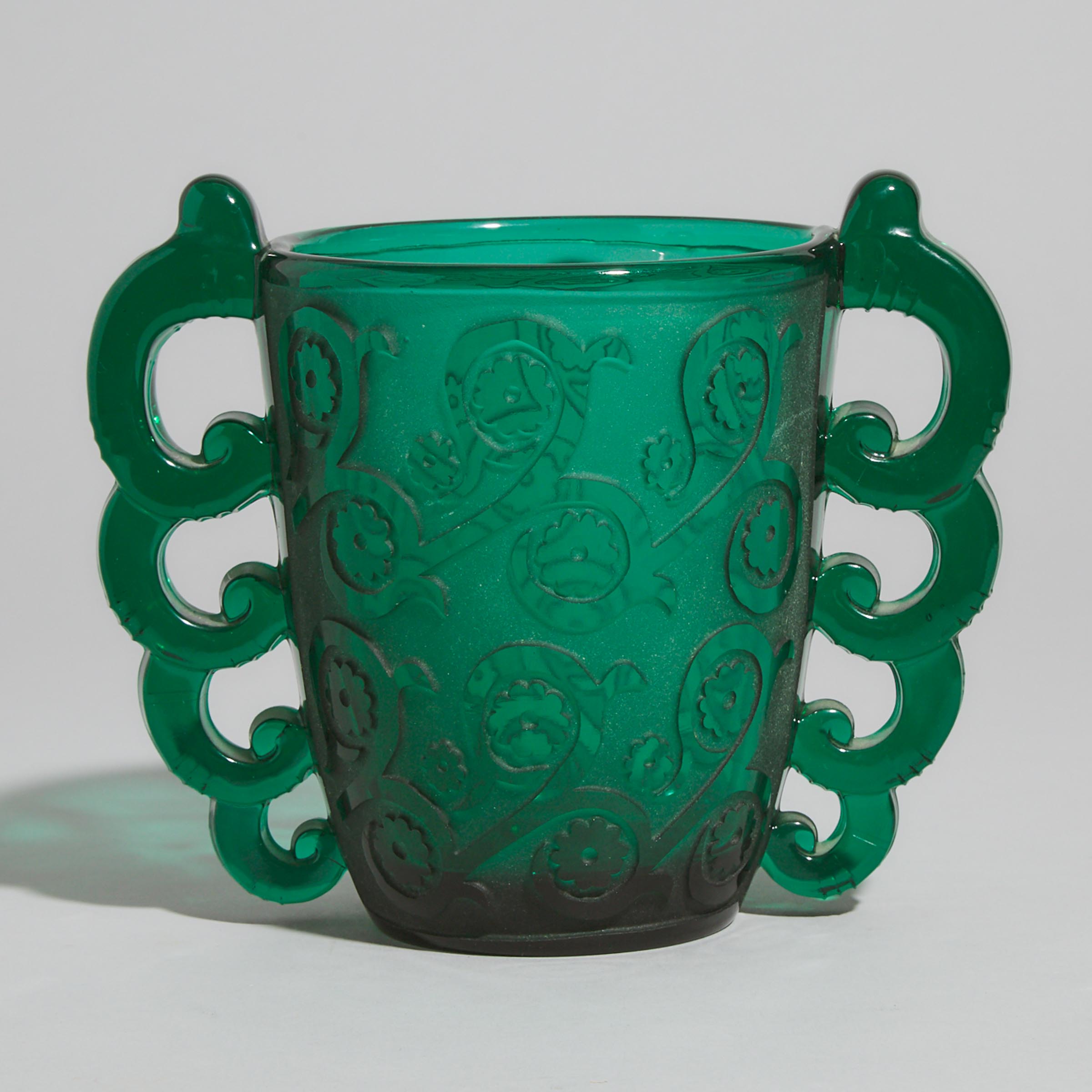 Continental Moulded and Etched Green Glass Two-Handled Vase, 20th century